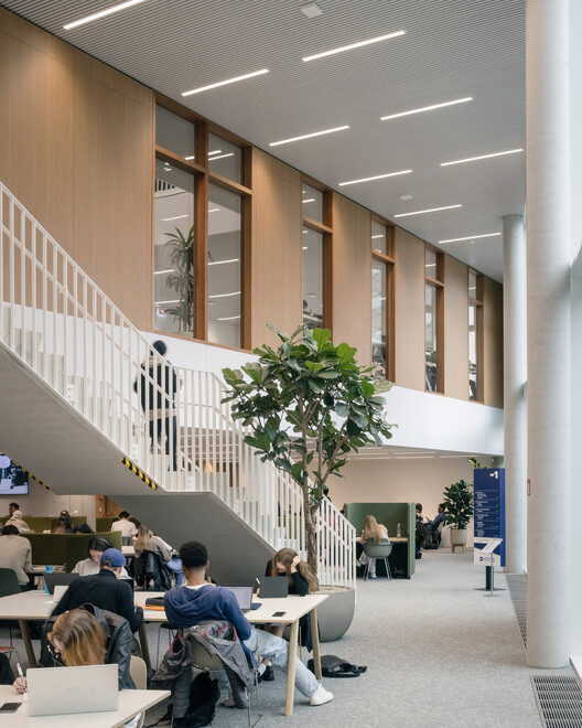 Central rotunda atrium: students working at tables under a white helical stair, oak-panelled walls, mezzanine corridor above, planted tree in the volume