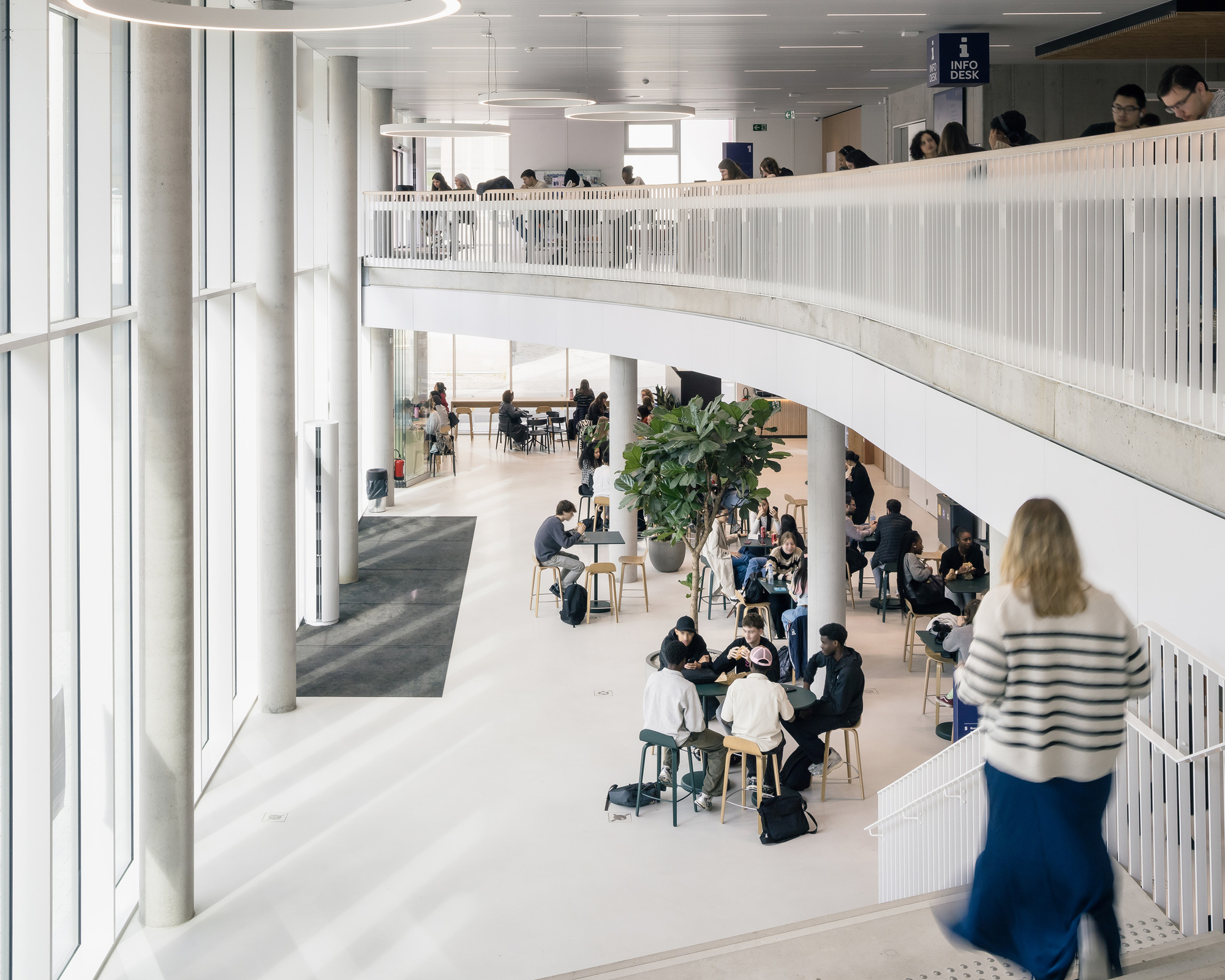 Atrium cafe area: curved white mezzanine balustrade above a white-floored cafe with high stools and tables, students clustered around, info desk at right