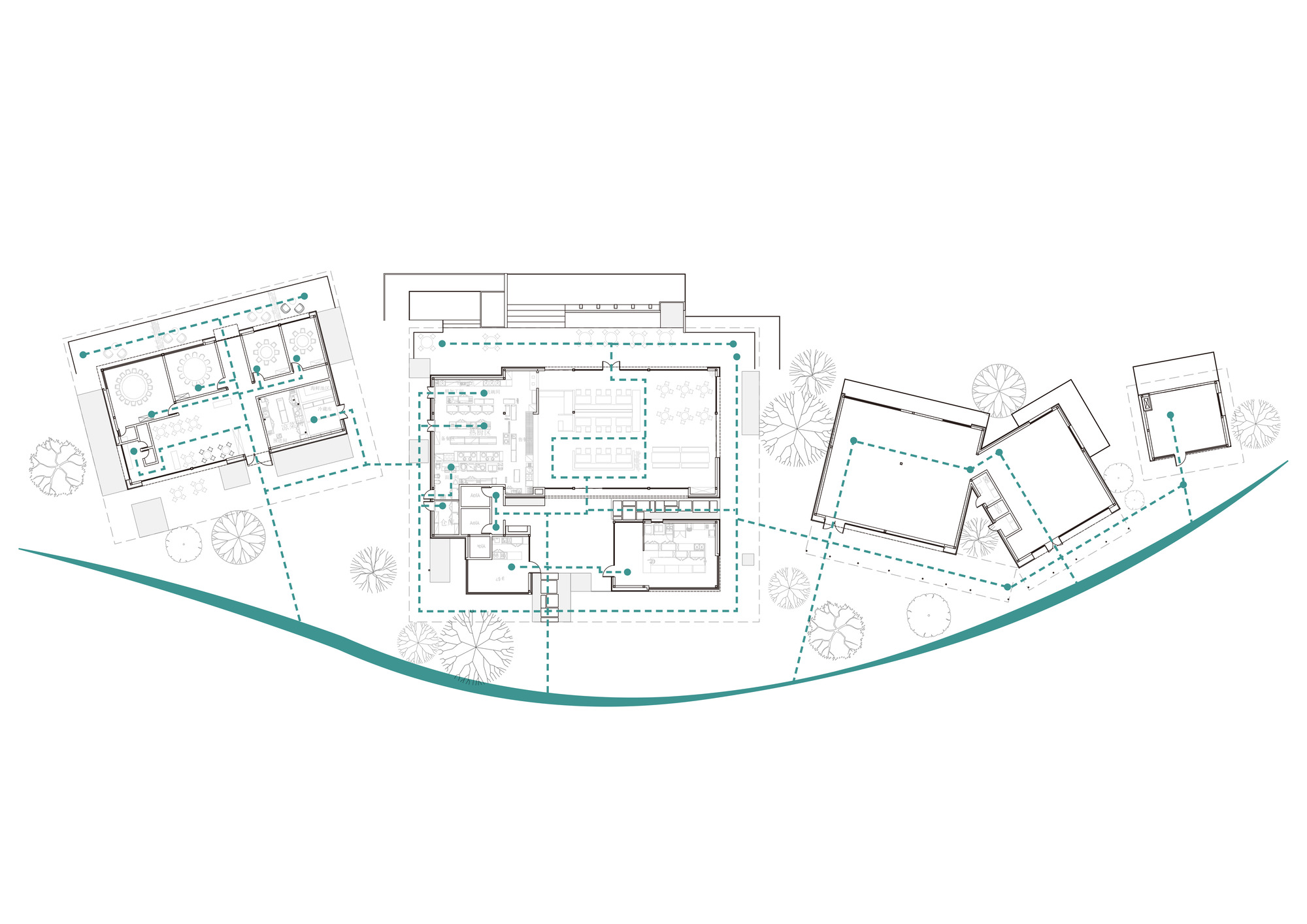 Site plan drawing showing multiple pavilions arranged along a curving waterfront with tree symbols