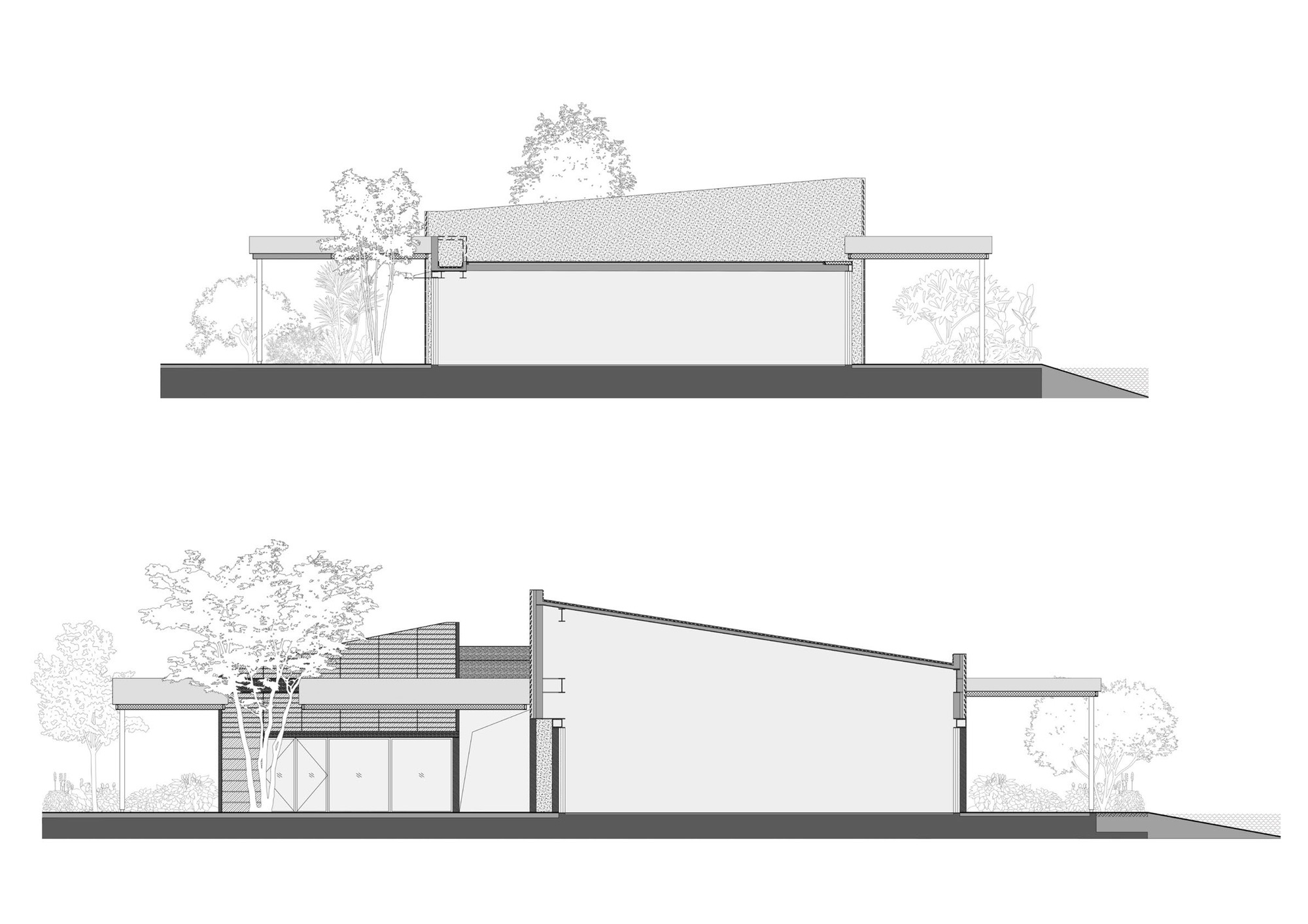 Elevation drawings depicting low-slung structures with sloped roofs and surrounding vegetation