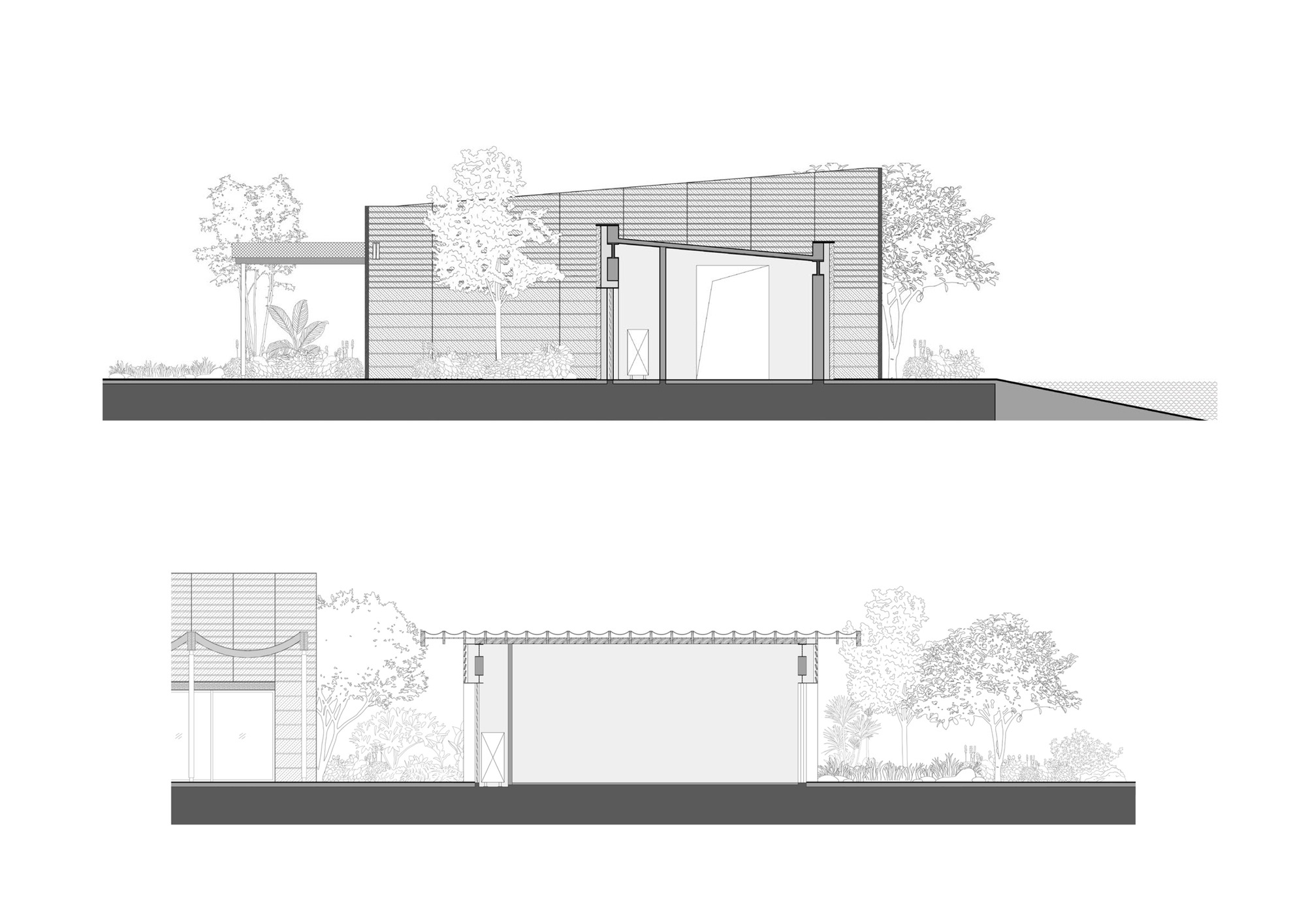 Elevation drawings showing horizontal slatted facade and large portal openings with trees