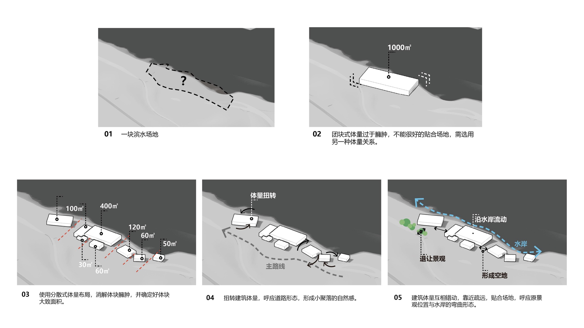 Diagrammatic sequence illustrating building massing strategy on a sloped topography