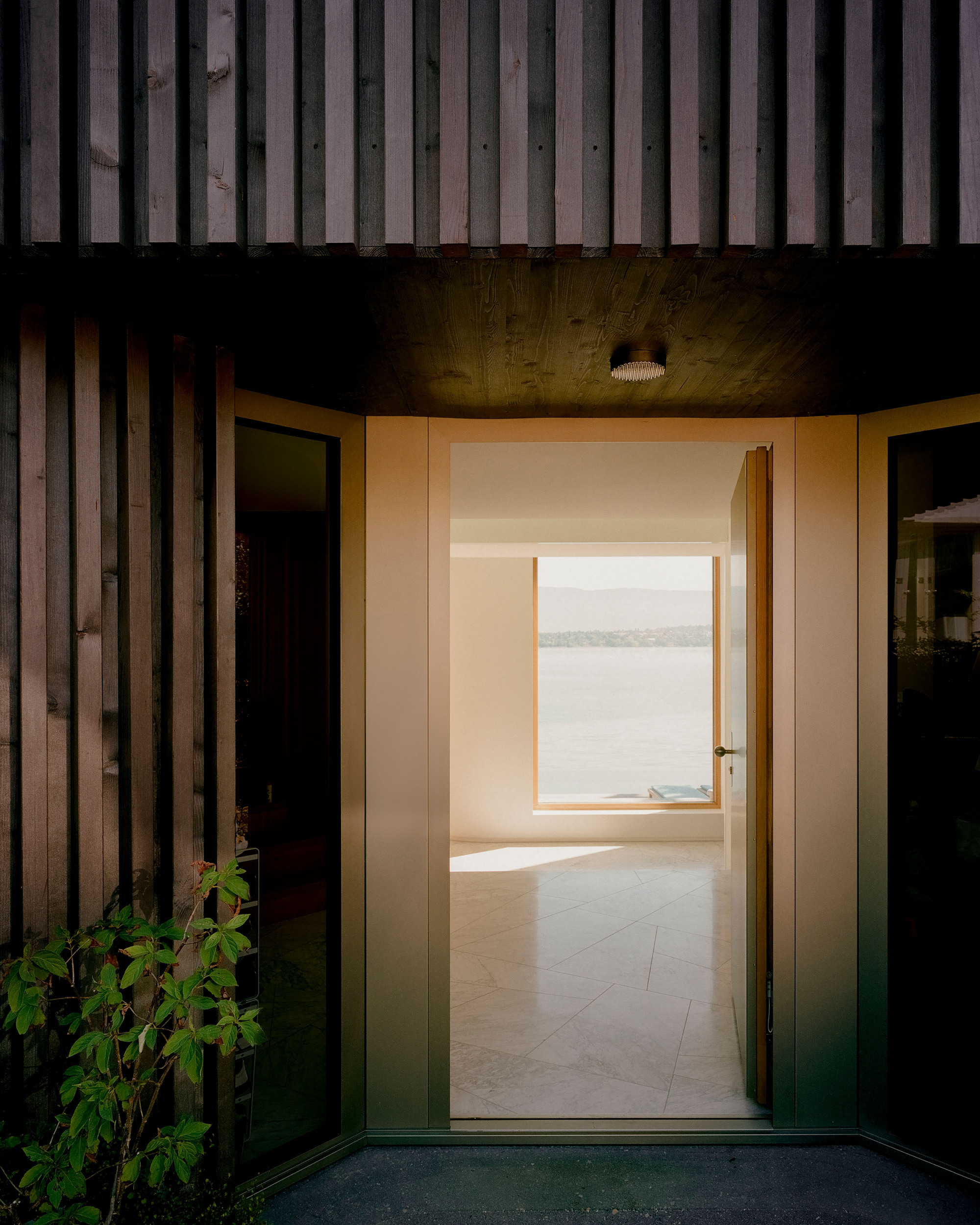 Entry vestibule with vertical timber cladding and a pendant light illuminating the threshold at dusk
