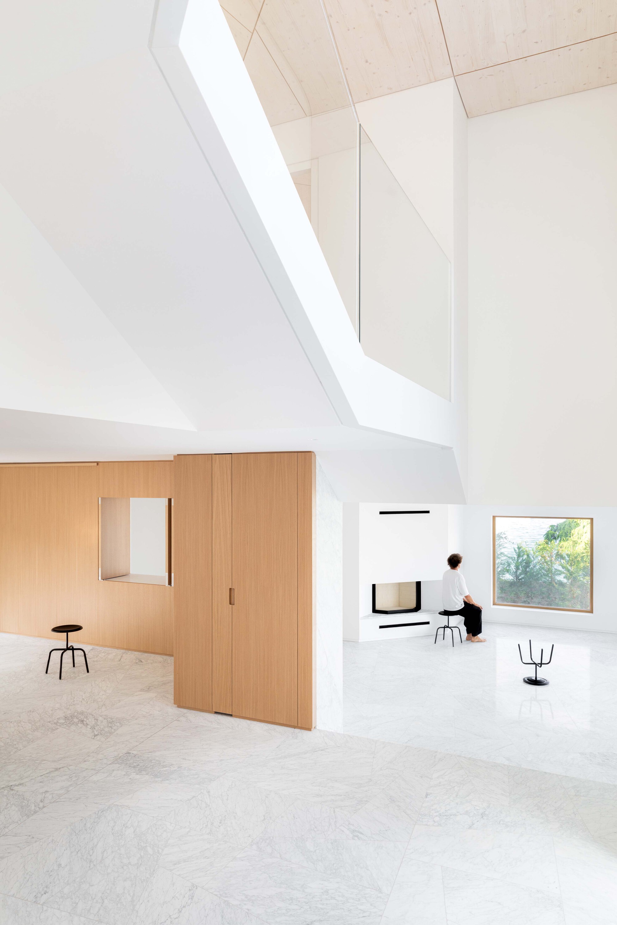 Double height living space with timber volume, angular skylight, and seated figure beside framed garden view