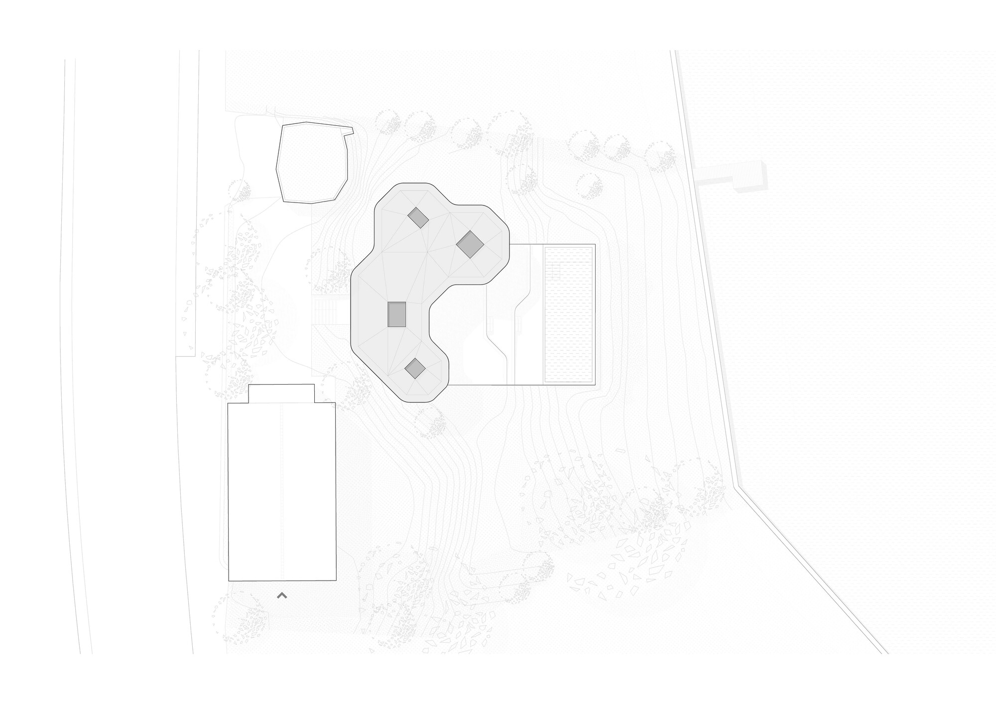 Site plan drawing showing three-lobed building form with surrounding landscape and adjacent structures