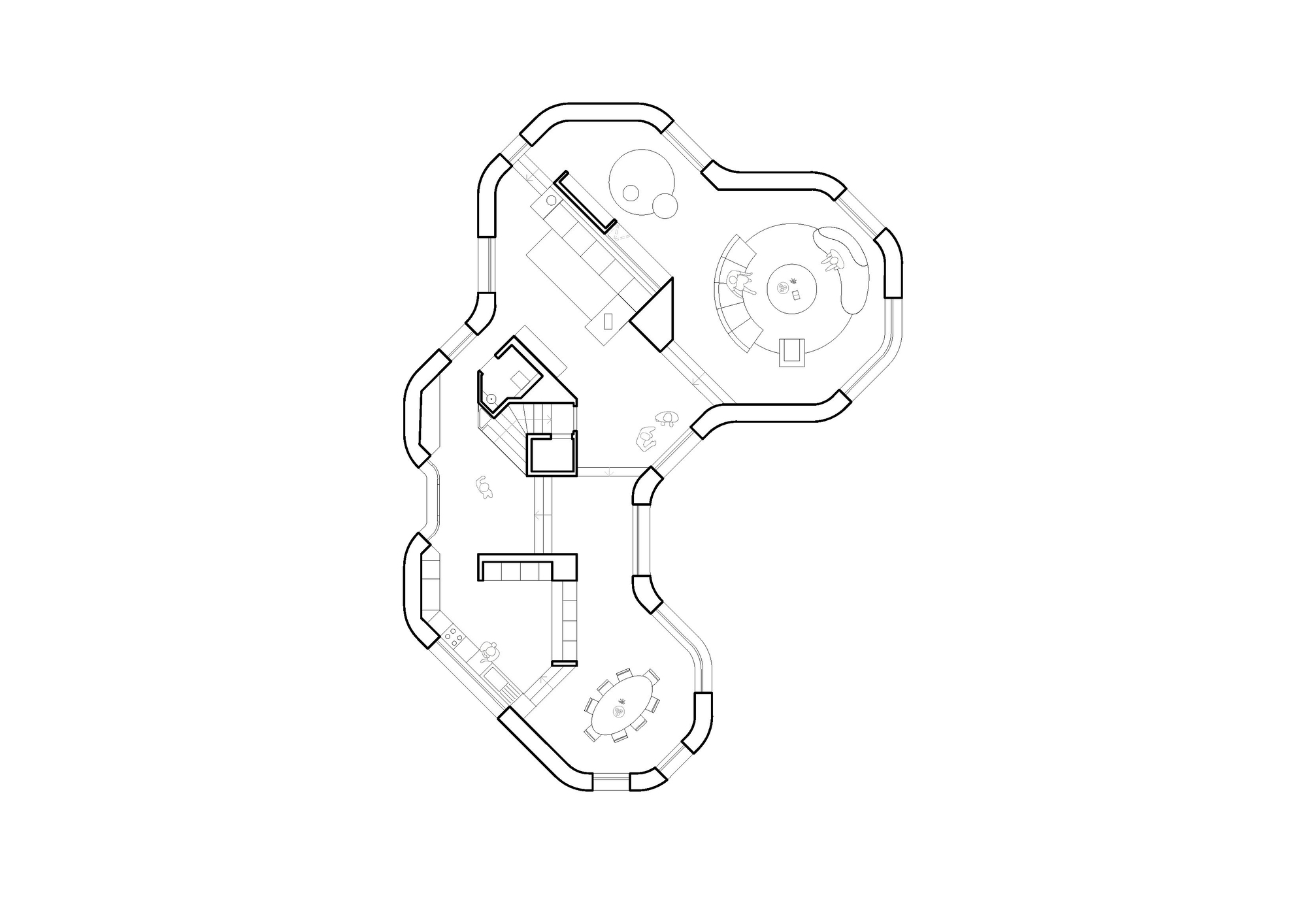 Floor plan drawing showing three lobed volumes connected by a central corridor with furniture layout