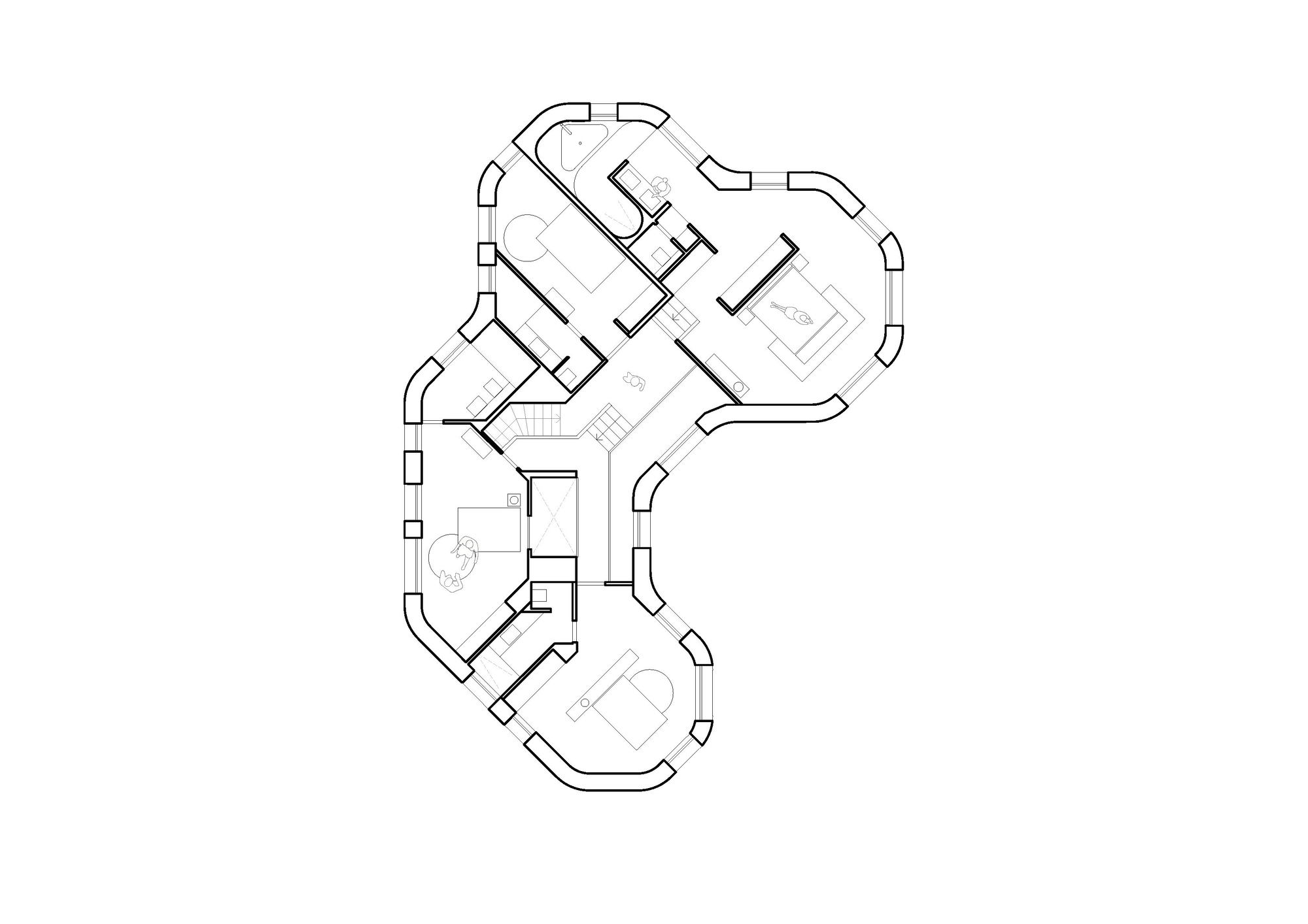 Floor plan drawing of an upper level with three lobed volumes and circulation spaces