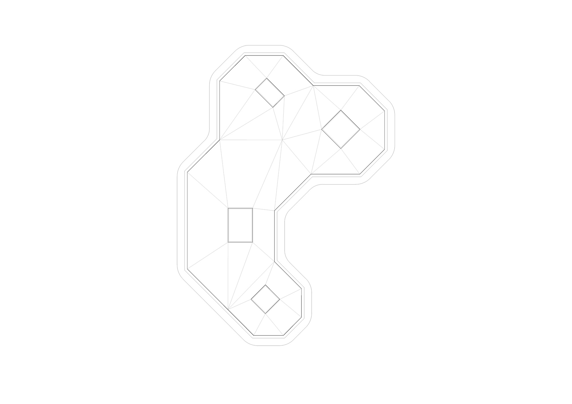 Roof plan drawing showing the three-lobed perimeter with central skylight and openings