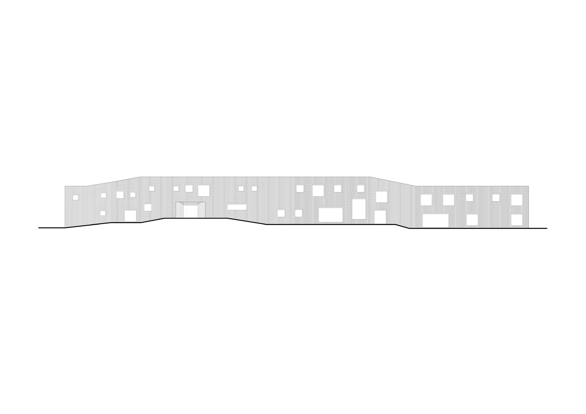Elevation drawing showing the undulating facade with scattered window openings across the terrain