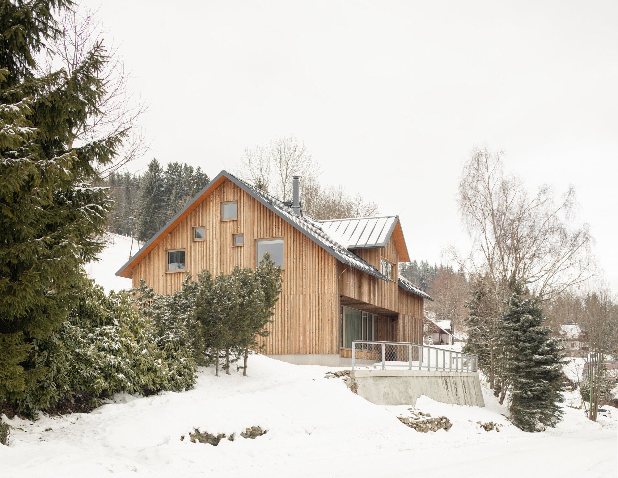 Front facade with vertical timber cladding and concrete terrace surrounded by snow-laden evergreens