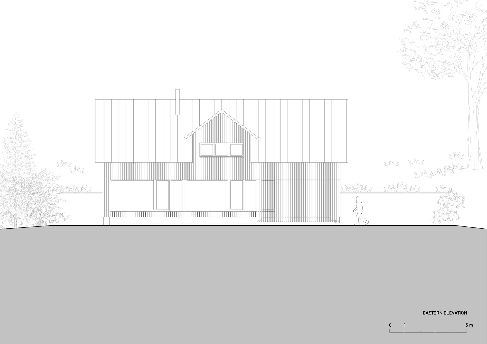 Eastern elevation drawing showing gabled facade with vertical cladding, punched windows and walking figure
