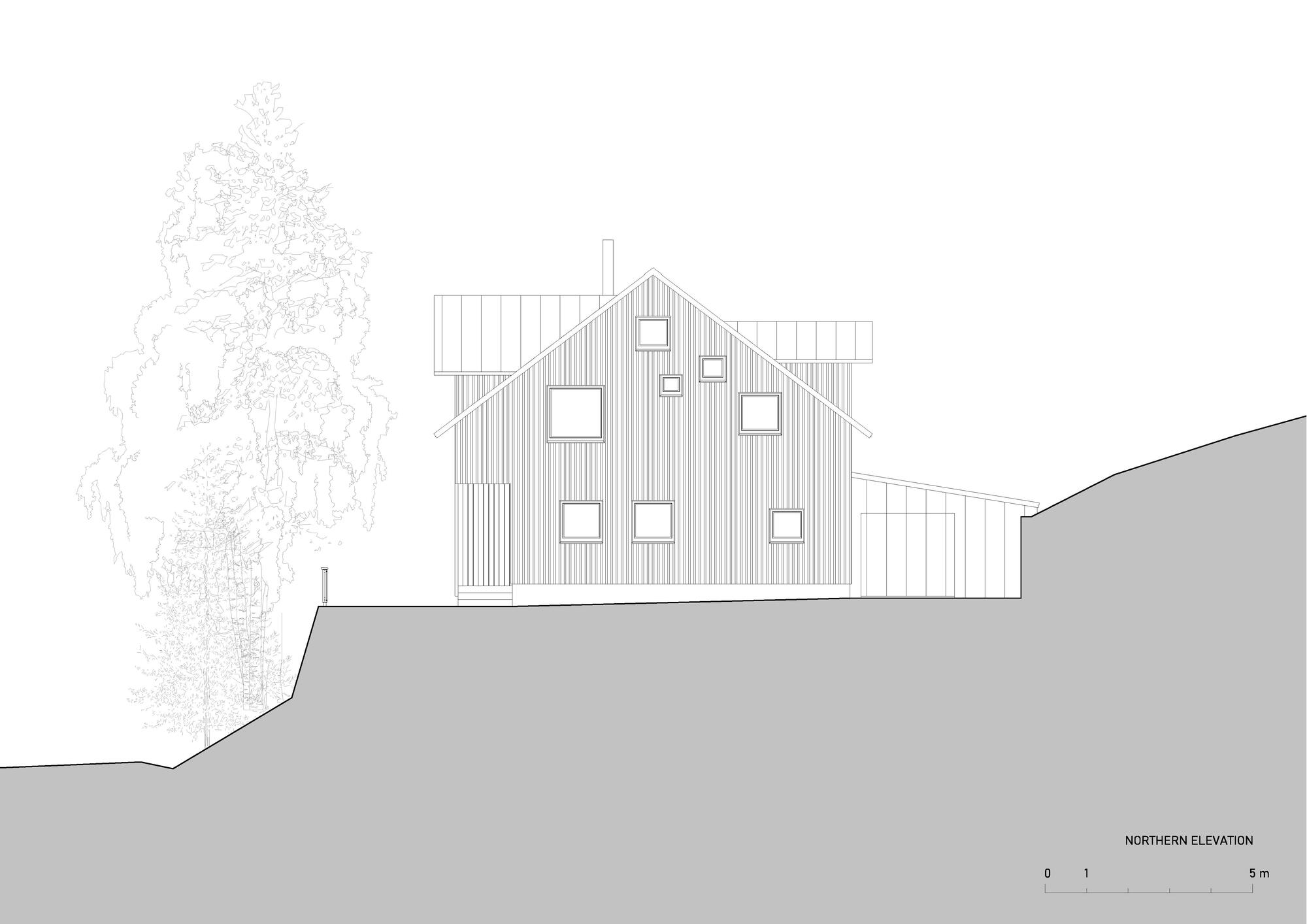 Northern elevation drawing showing gabled end with scattered square windows on sloped terrain beside tree