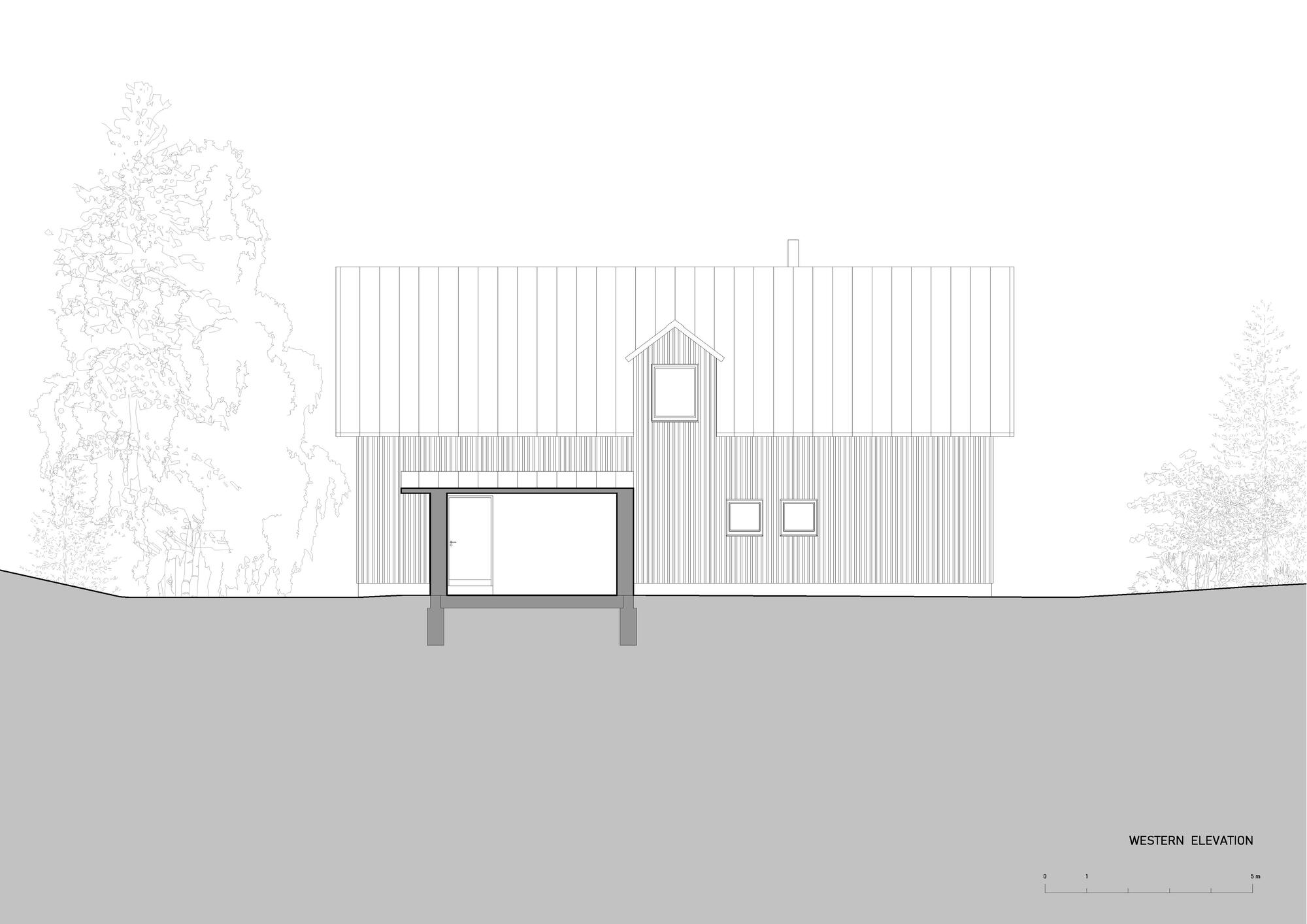 Western elevation drawing showing a barn-like volume with covered porch and dormer window flanked by vegetation