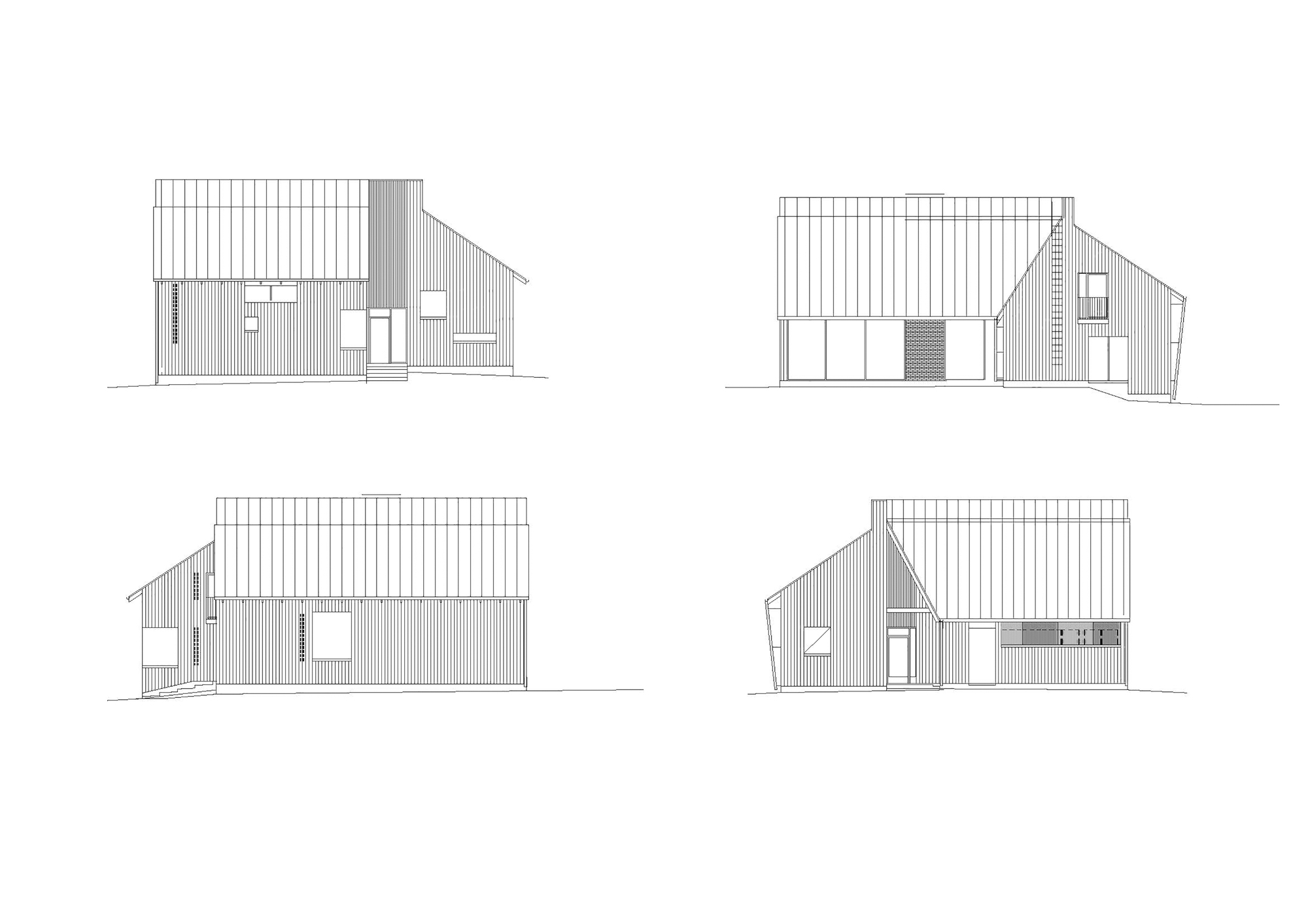 Elevation drawings showing four views of a gabled structure with vertical siding and varied fenestration