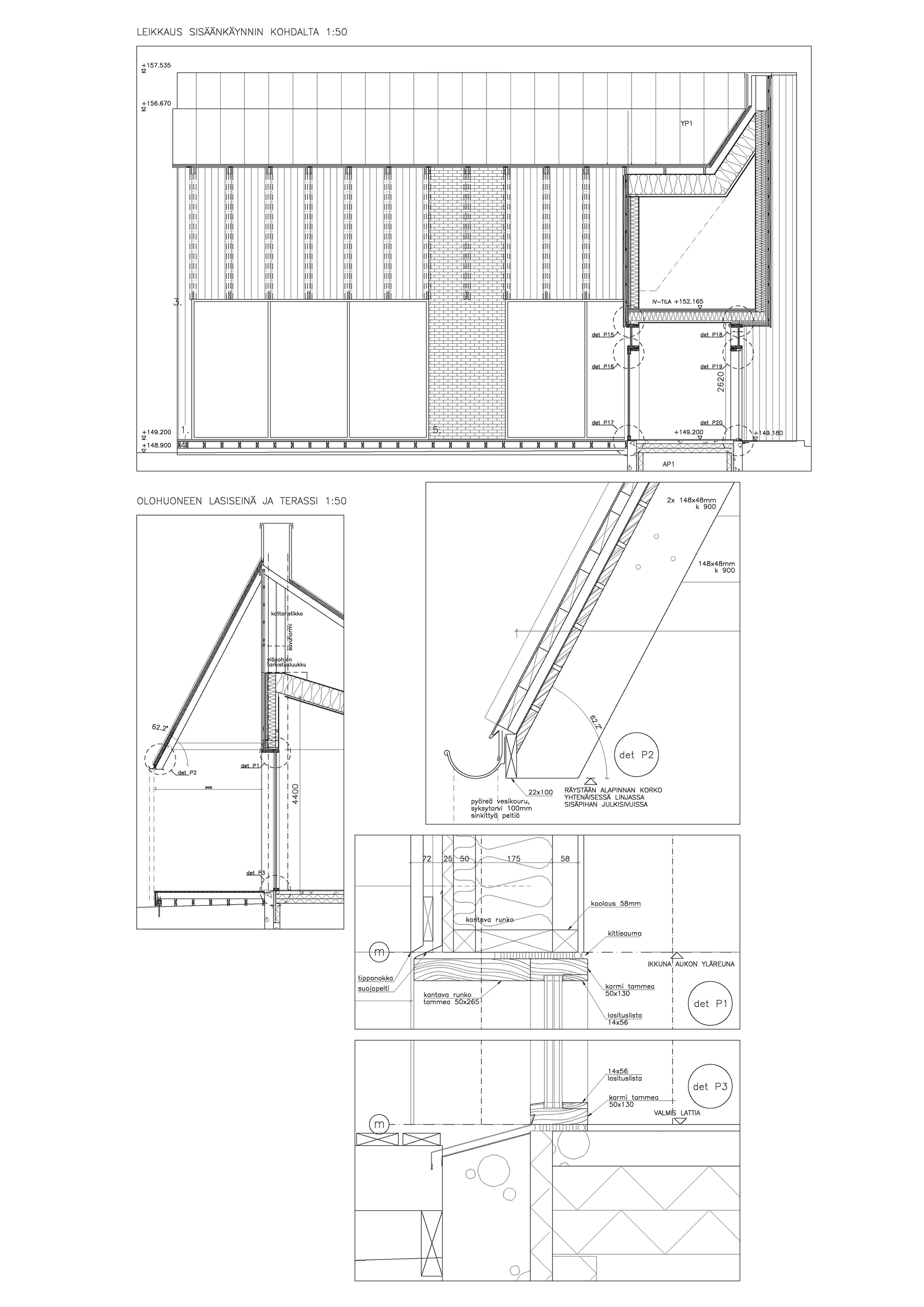 Construction detail drawings showing roof eave assembly with insulation layers and structural connections