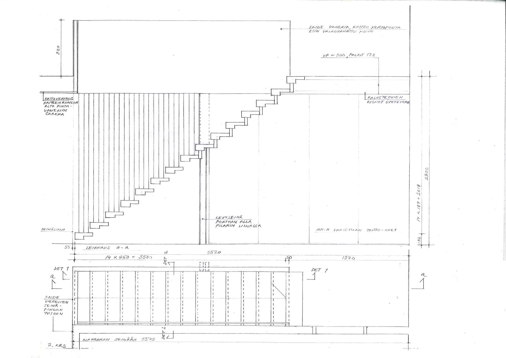 Section drawing showing a staircase ascending alongside vertical wood slats and floor framing details
