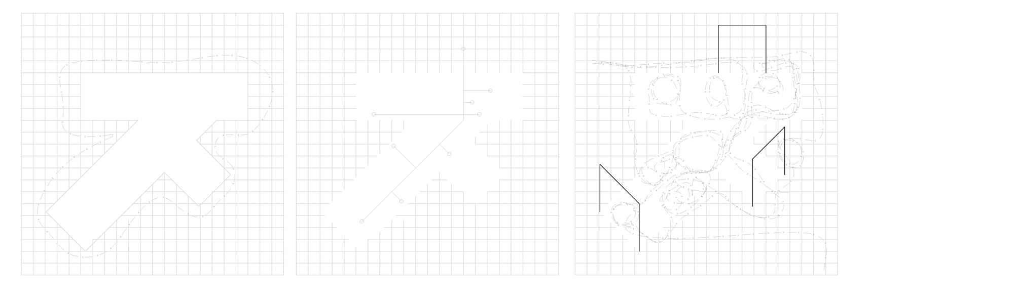 Plan view drawing depicting building footprints and surrounding trees on a grid
