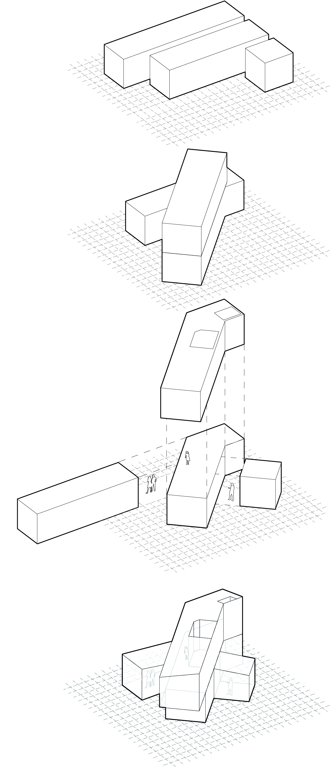 Isometric diagram sequence illustrating the massing transformations of interlocking rectangular volumes