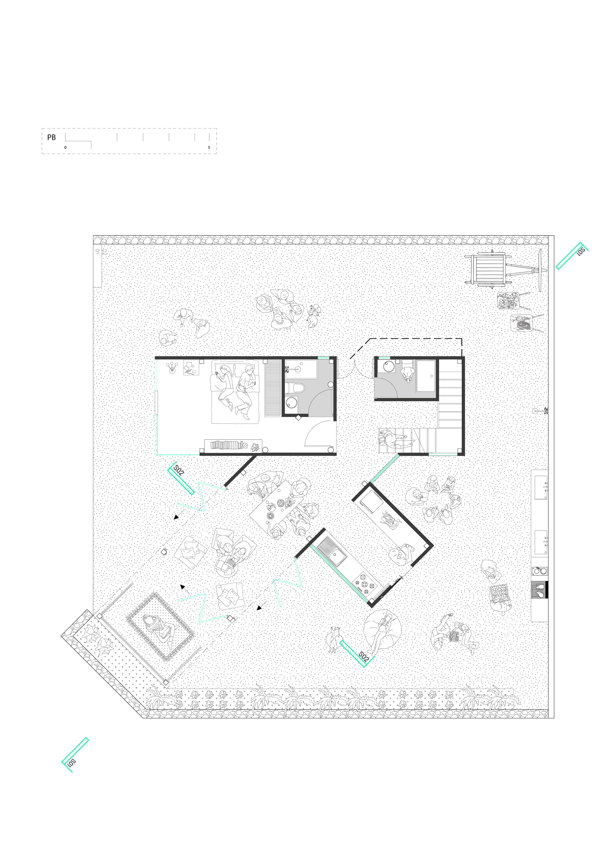 Ground floor plan showing angled interior walls and garden with scattered trees