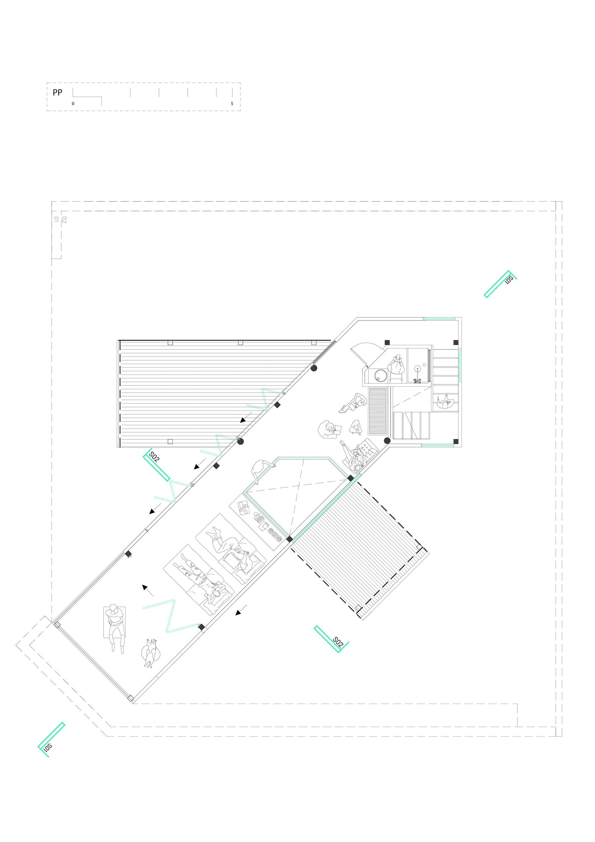 Upper floor plan drawing with splayed wings and central staircase connecting rooms