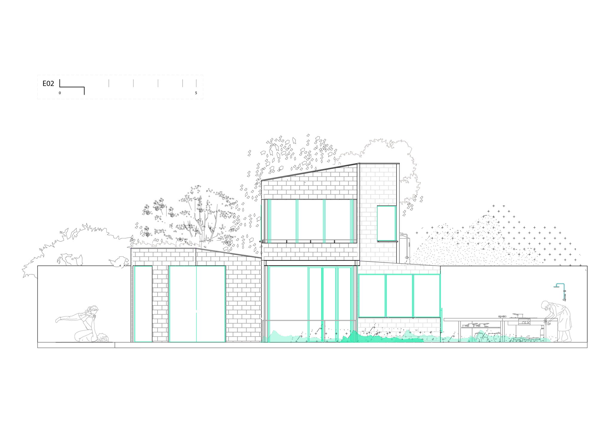Elevation drawing showing the two-storey facade with brick cladding and figures beneath trees