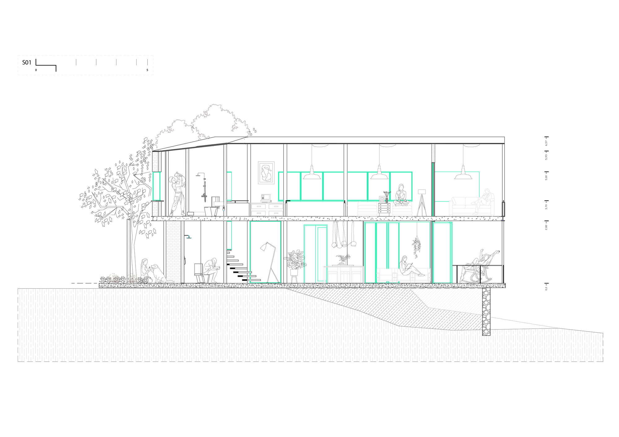 Section drawing showing two-story glass-walled house with internal staircase and tree to the left