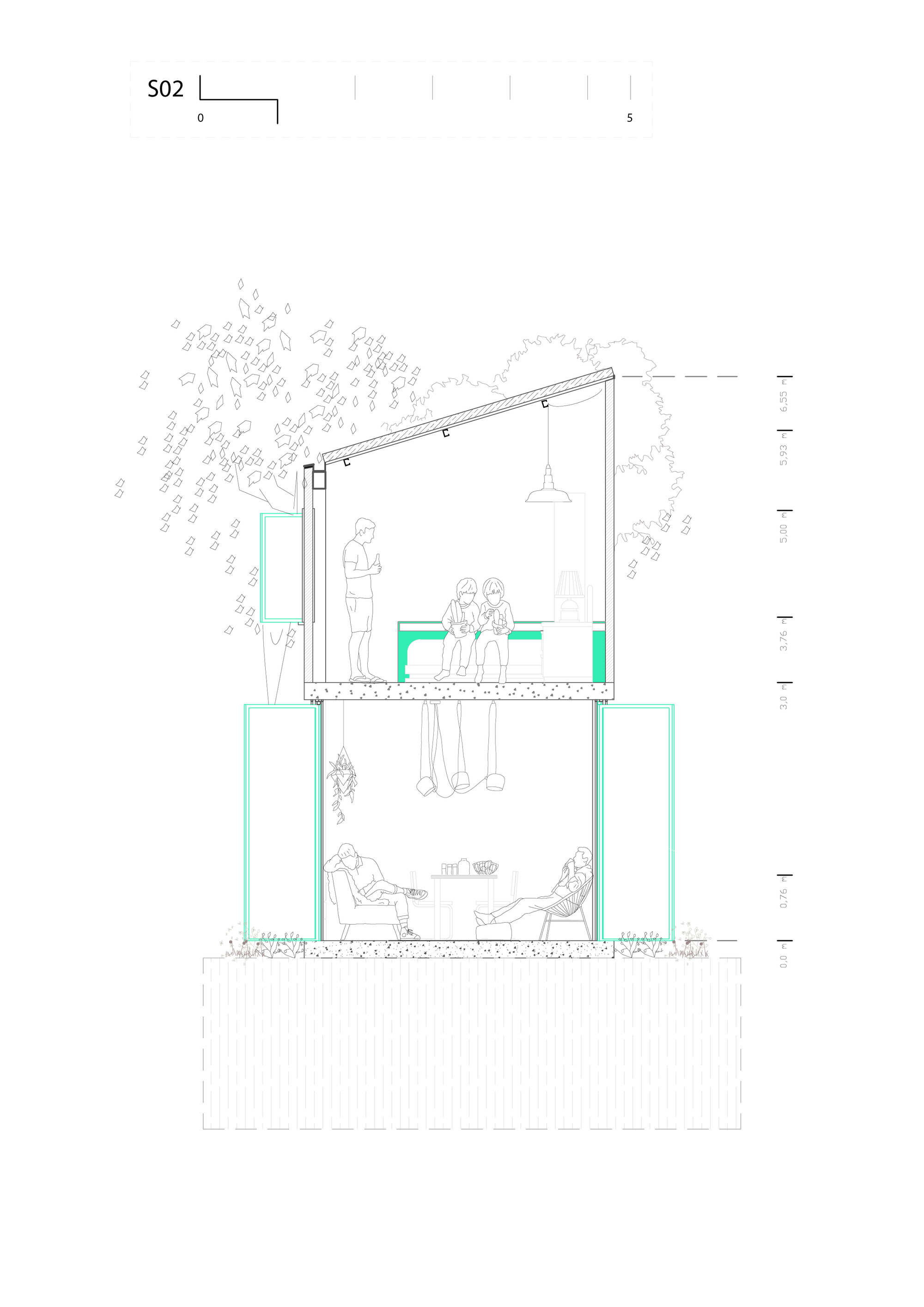 Section drawing showing double-height space with sloped roof, figures on upper deck and lower level