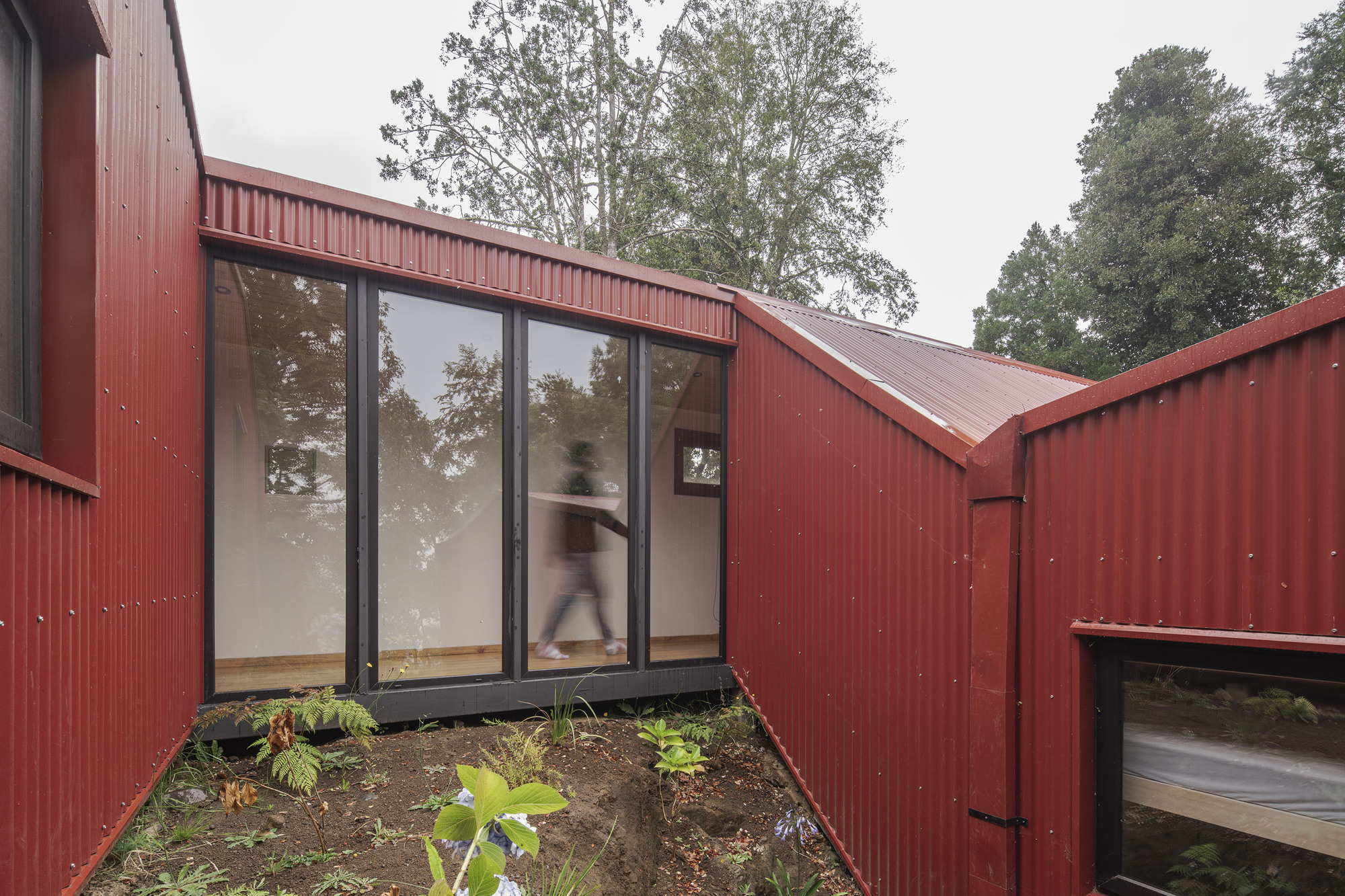Glazed corner opening in corrugated metal cladding with a figure visible inside and plantings below