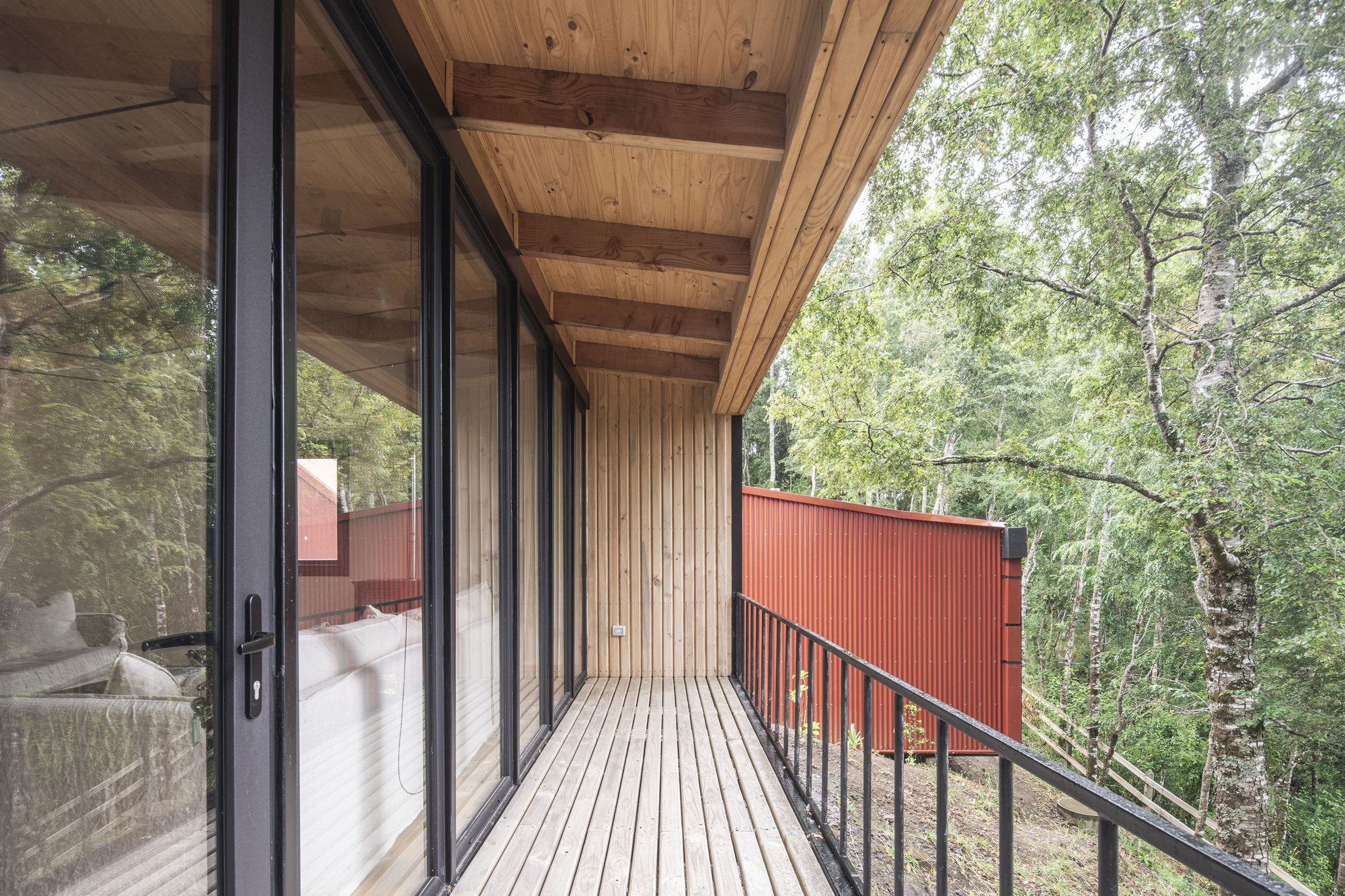 Covered timber deck with vertical wood cladding and steel railing overlooking the forest canopy