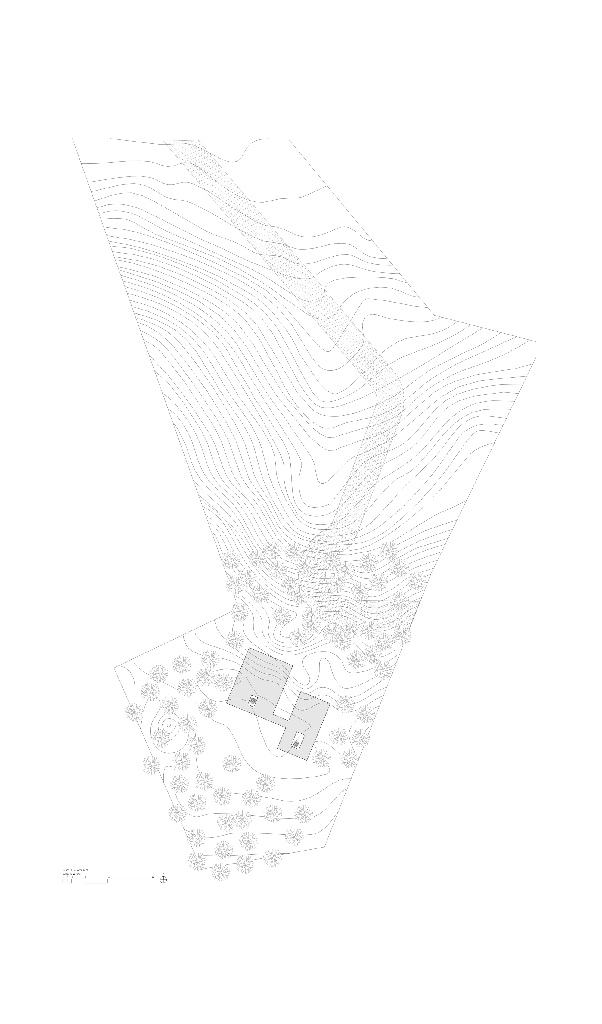 Site plan drawing showing topographic contours descending a hillside with scattered trees and a building footprint