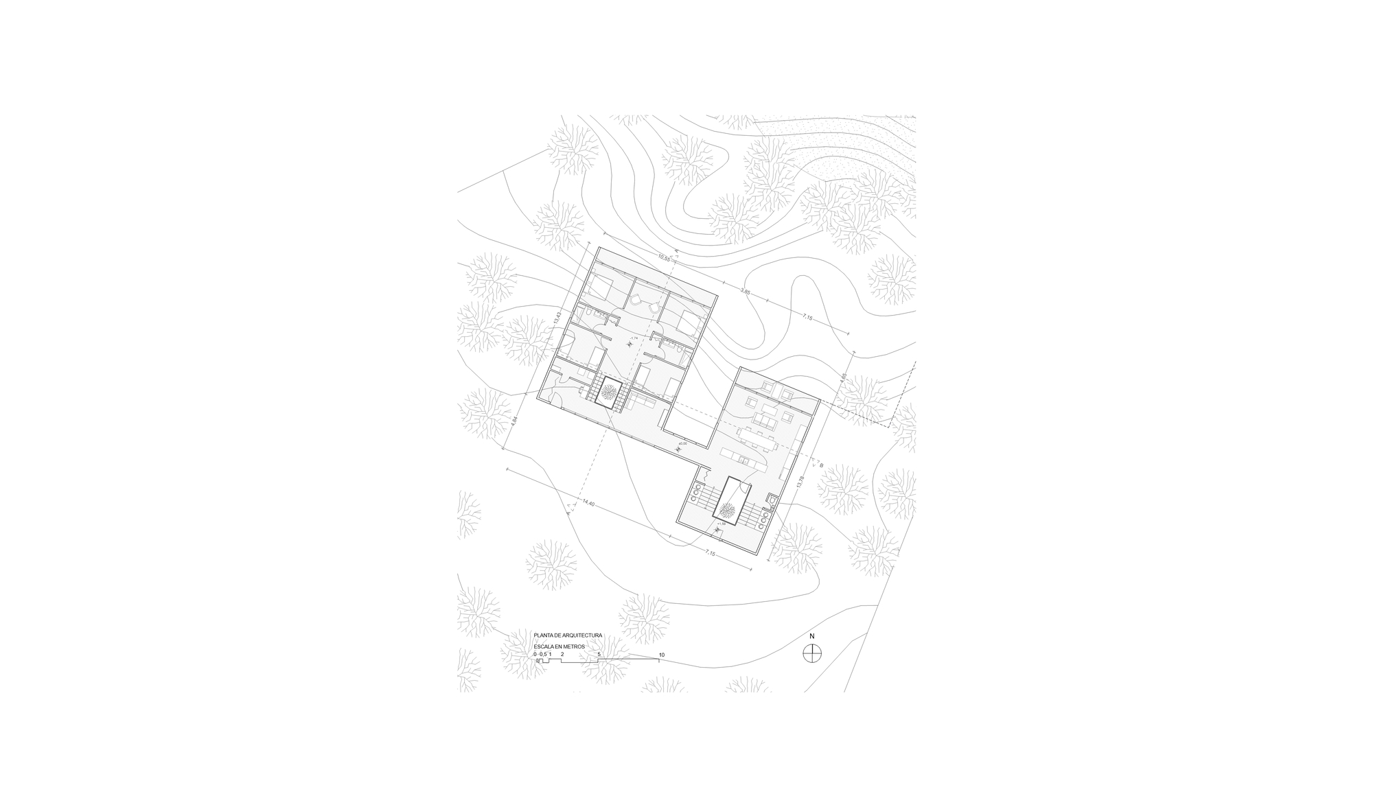 Ground floor plan drawing showing a rectangular building with interior rooms surrounded by topographic lines and vegetation