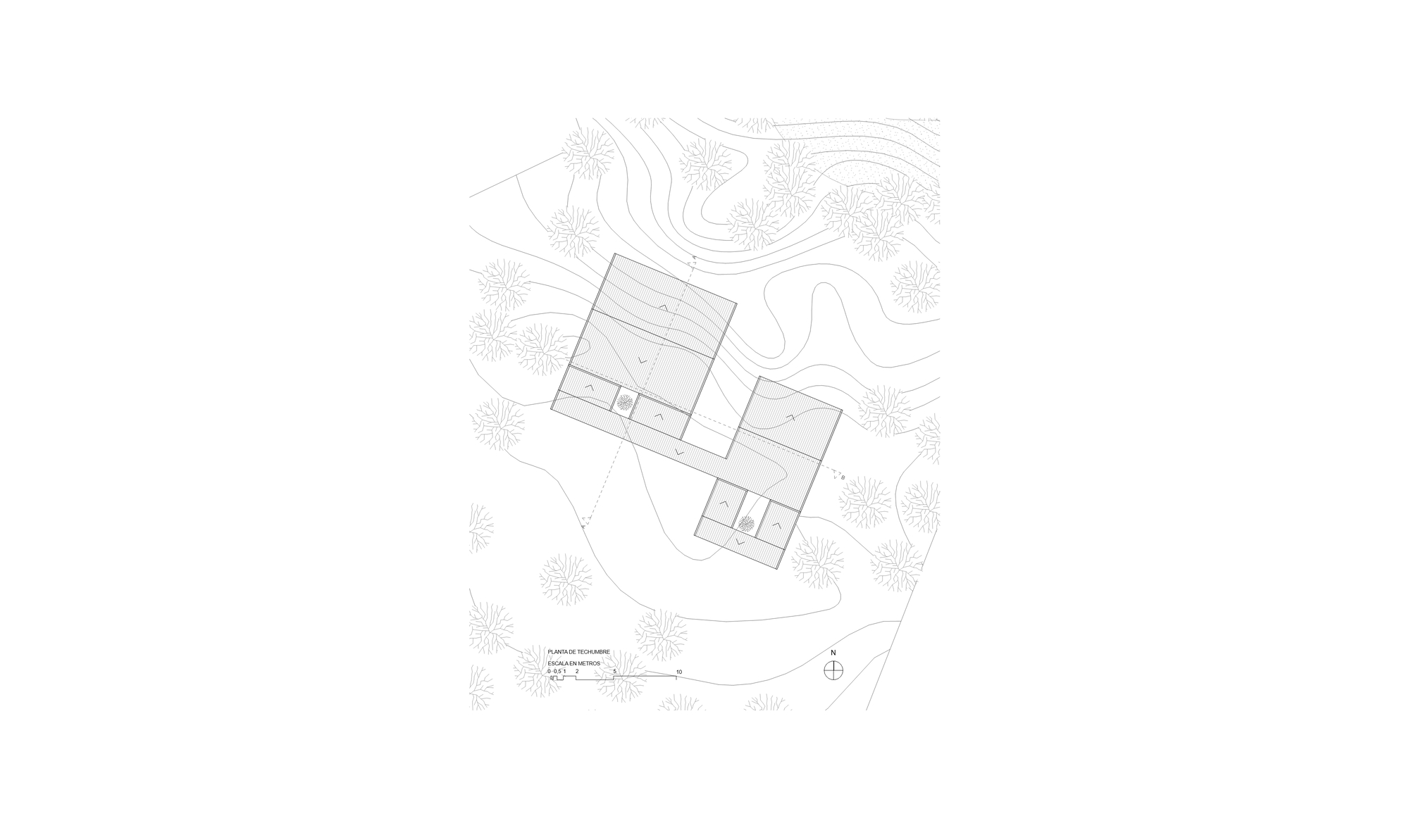 Roof plan drawing showing a linear building with angular roof forms nestled among contour lines and trees