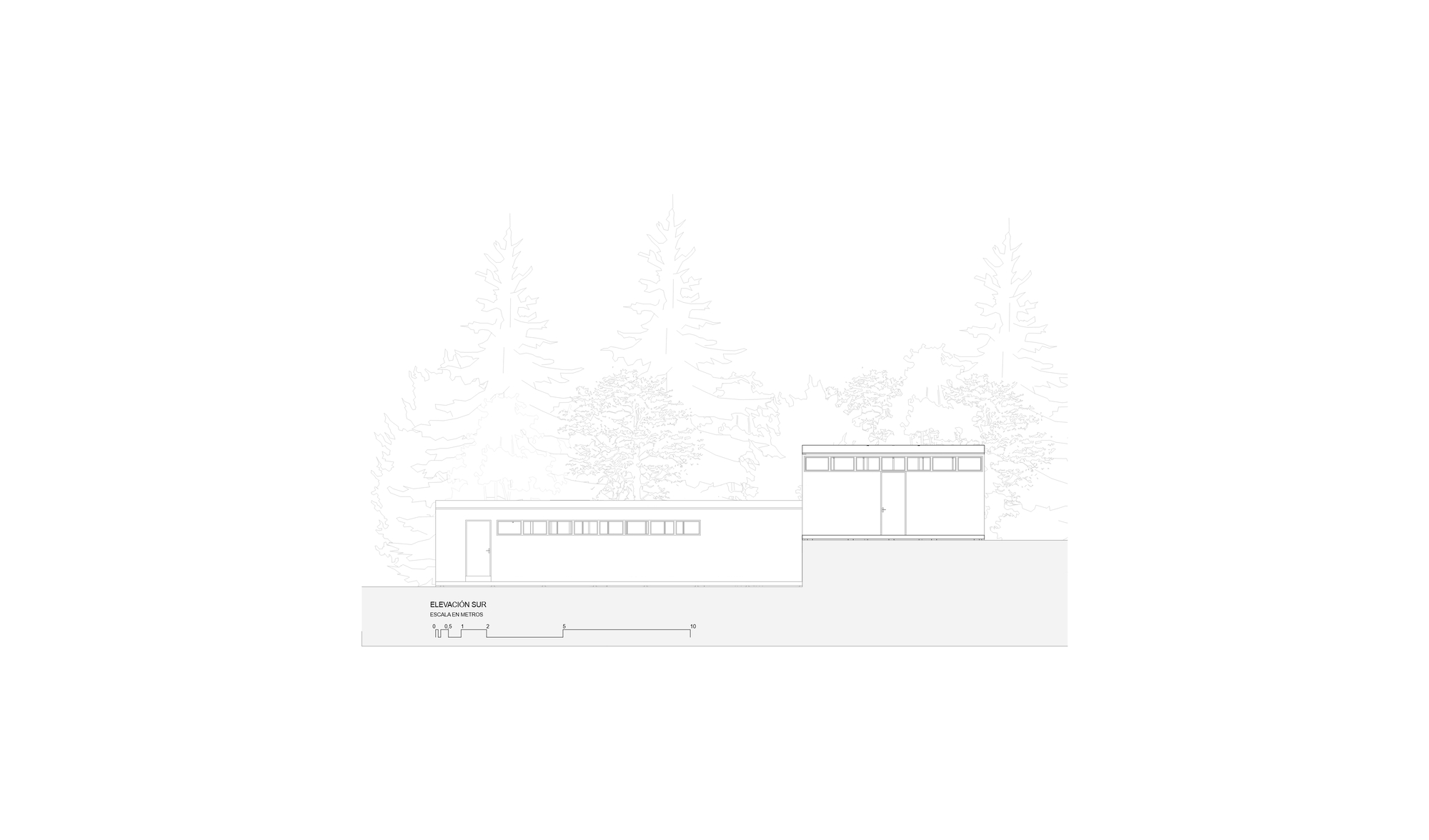 Elevation drawing showing two volumes at different levels surrounded by dense forest vegetation