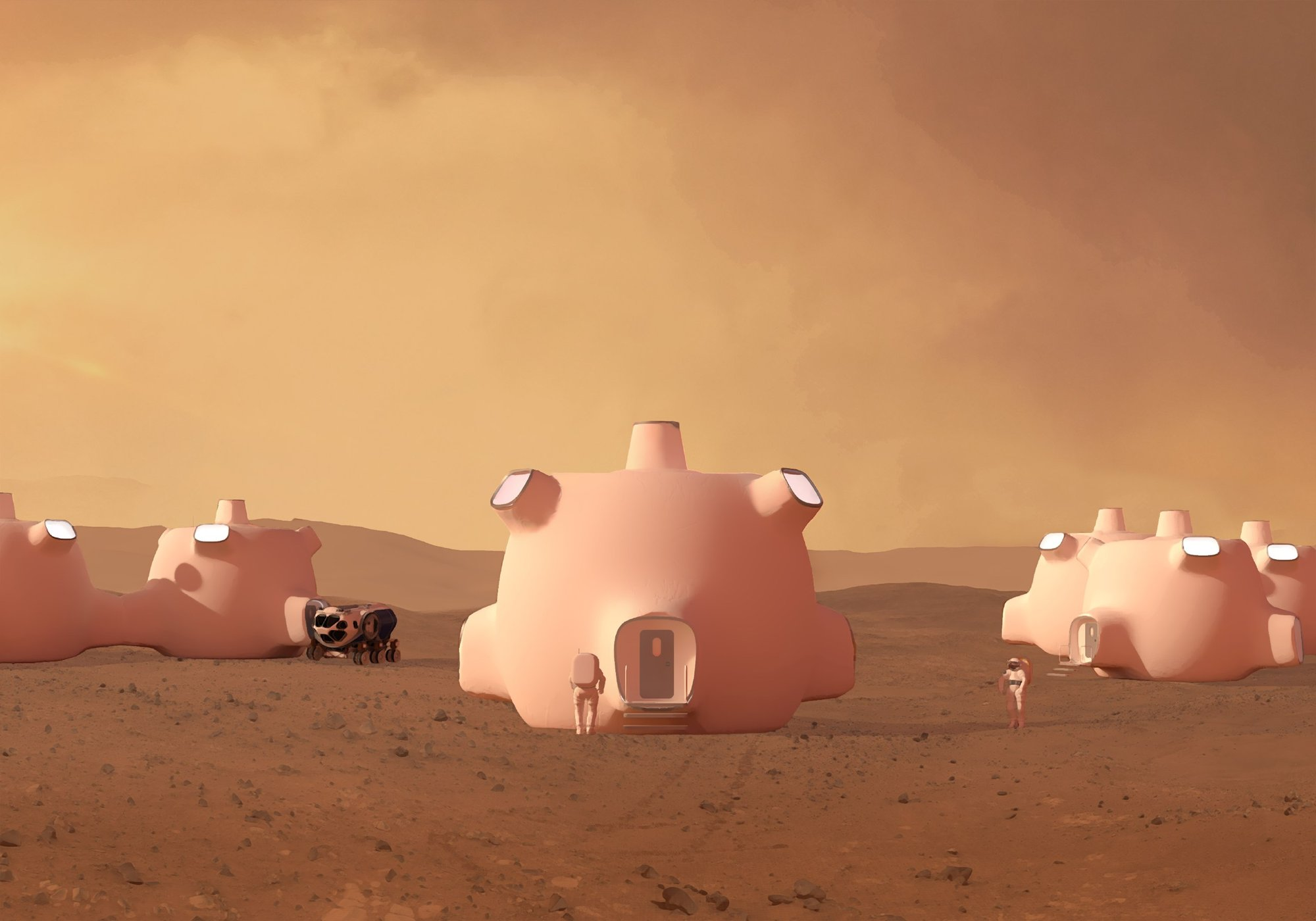 Inflatable Mars habitats deployed across the Martian landscape, forming a scalable modular settlement