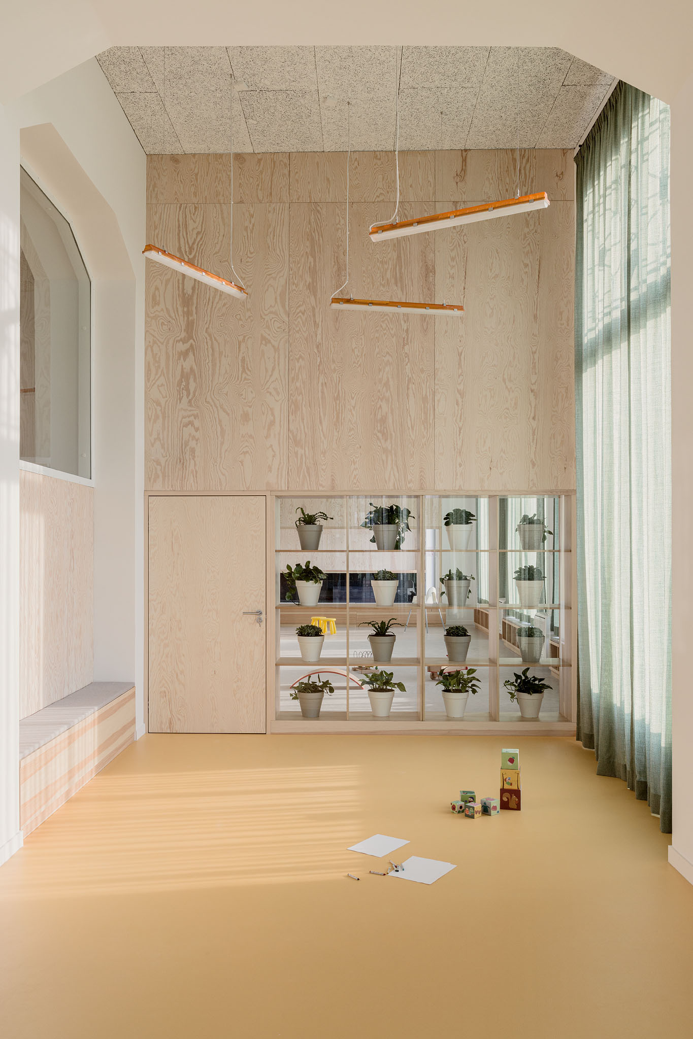 Double-height space with plywood wall cladding and open shelving displaying potted plants behind glass