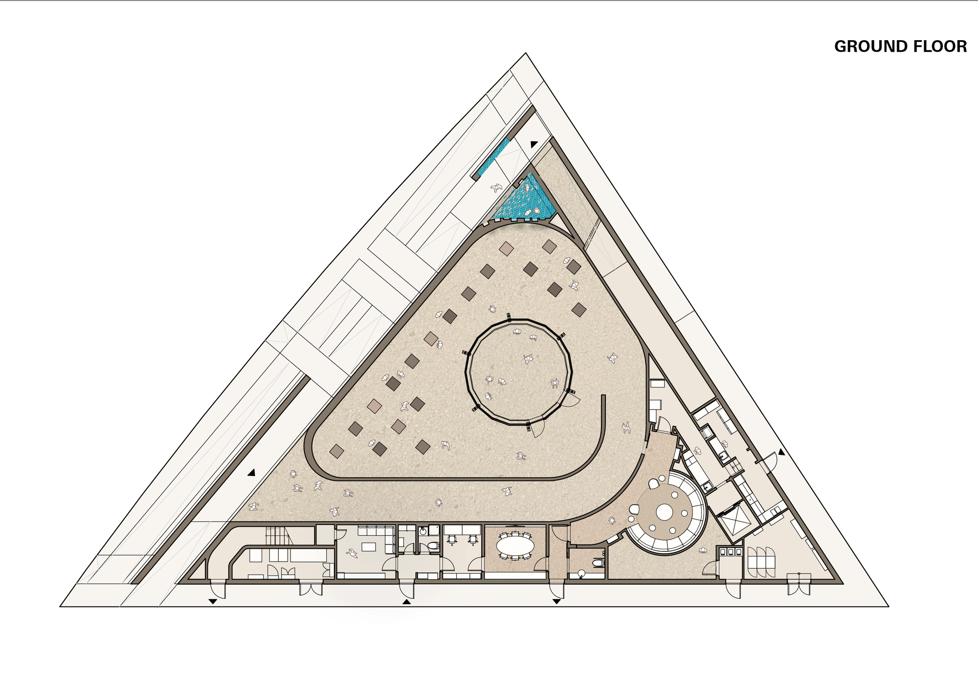 Ground floor plan drawing of a triangular building with central circular void and triangular water feature