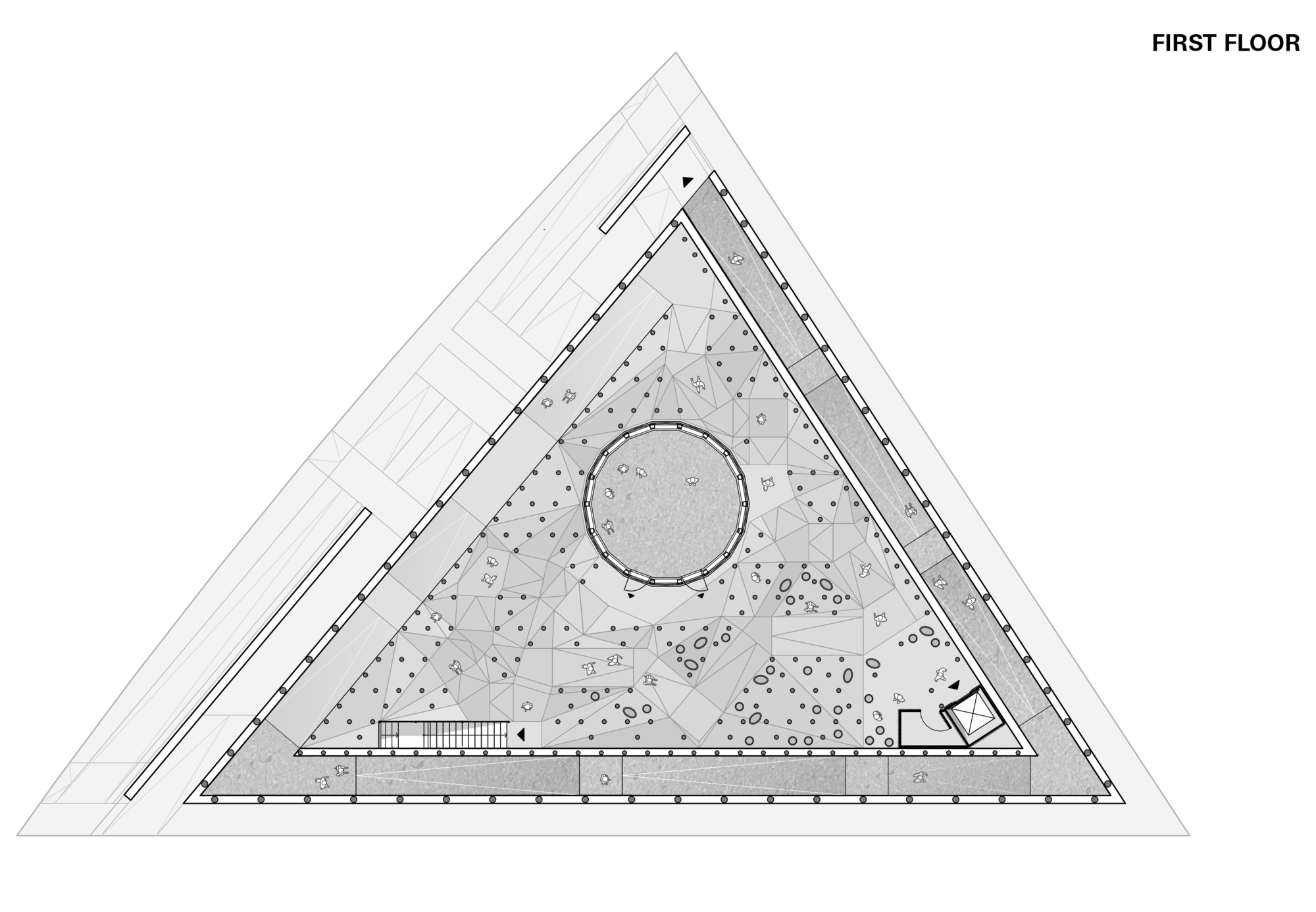 First floor plan drawing of a triangular exhibition space with scattered columns around a central circular opening