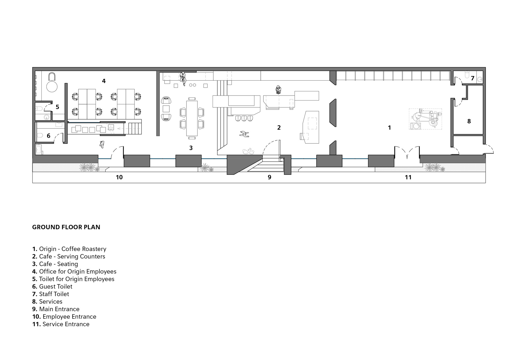 Ground floor plan drawing showing linear layout of cafe with serving counters and roastery spaces