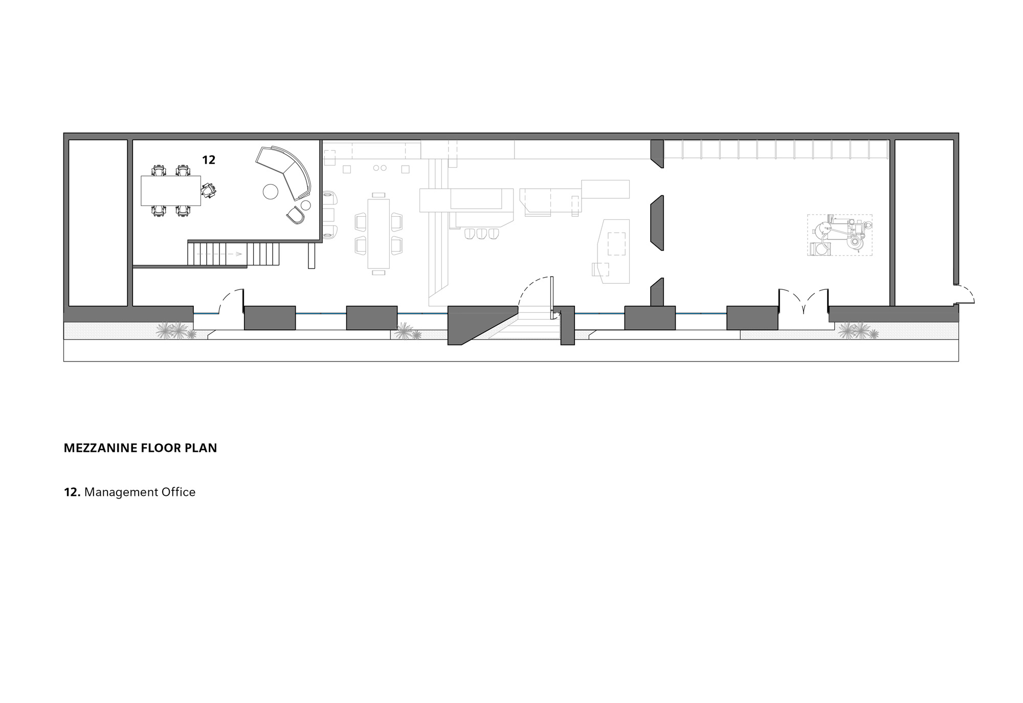 Floor plan drawing showing a long rectangular layout with stair and conference area at left end