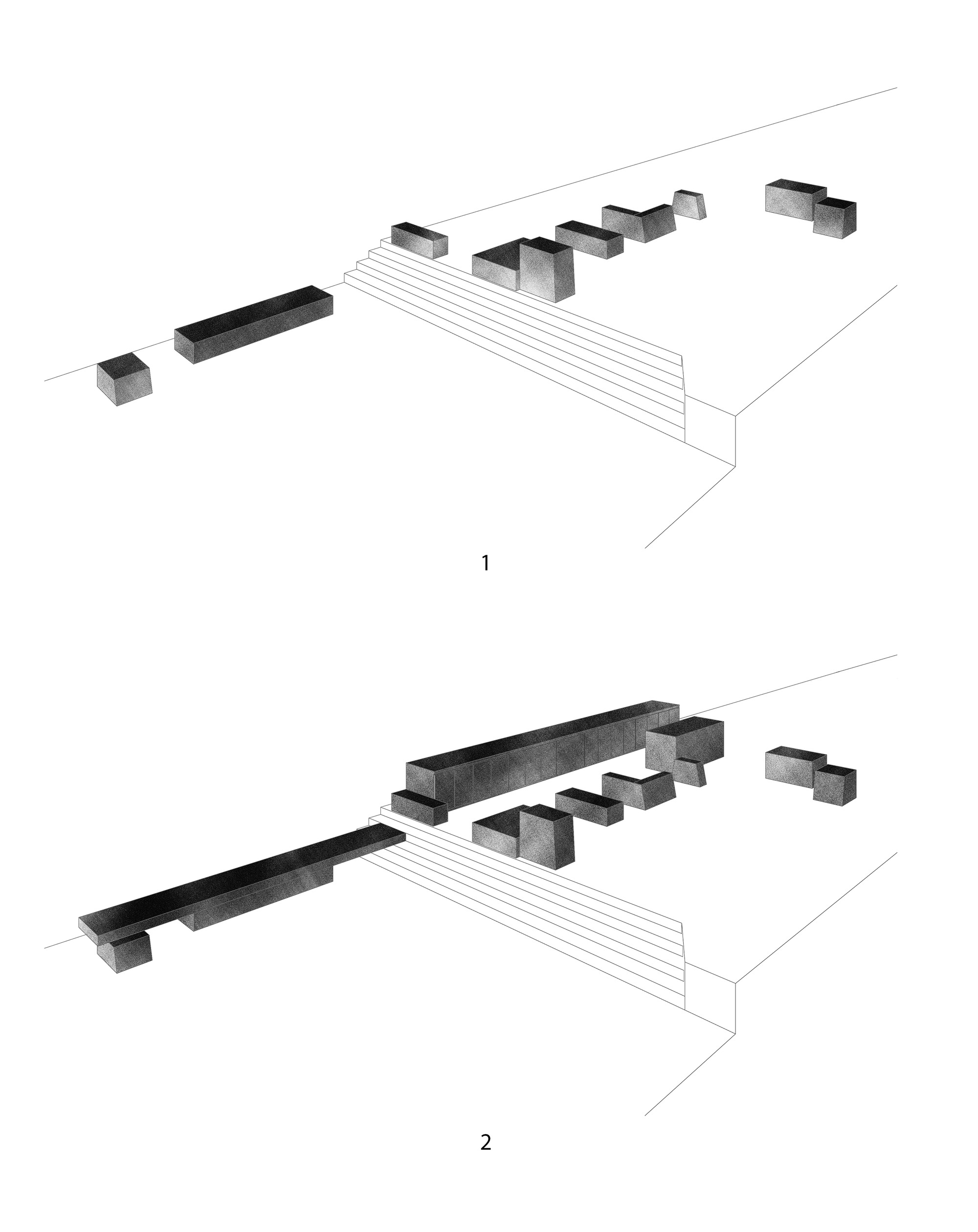 Axonometric drawing showing construction sequence with rectangular volumes and elongated base slabs