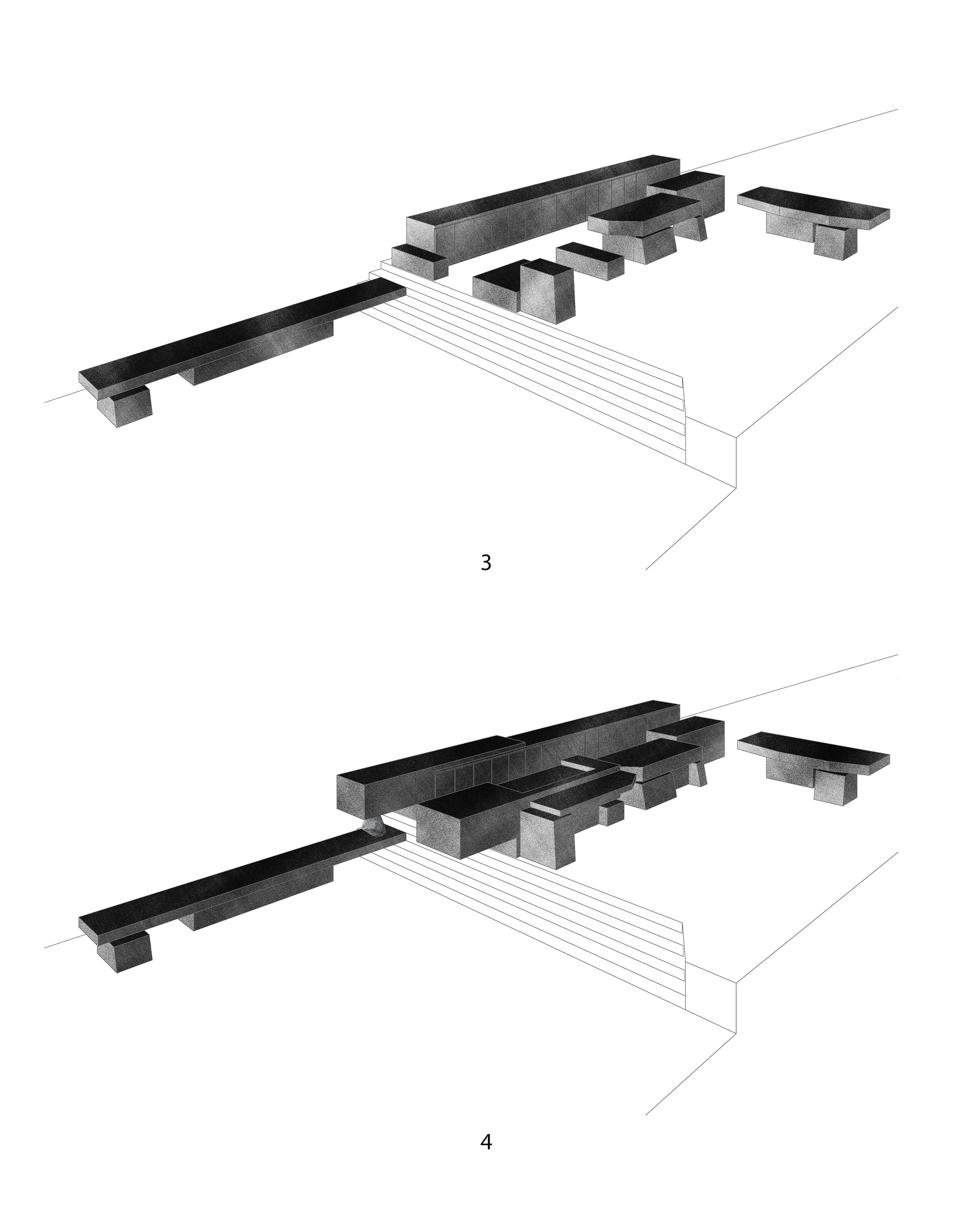 Axonometric drawing showing construction sequence with stacked volumes and connecting base elements