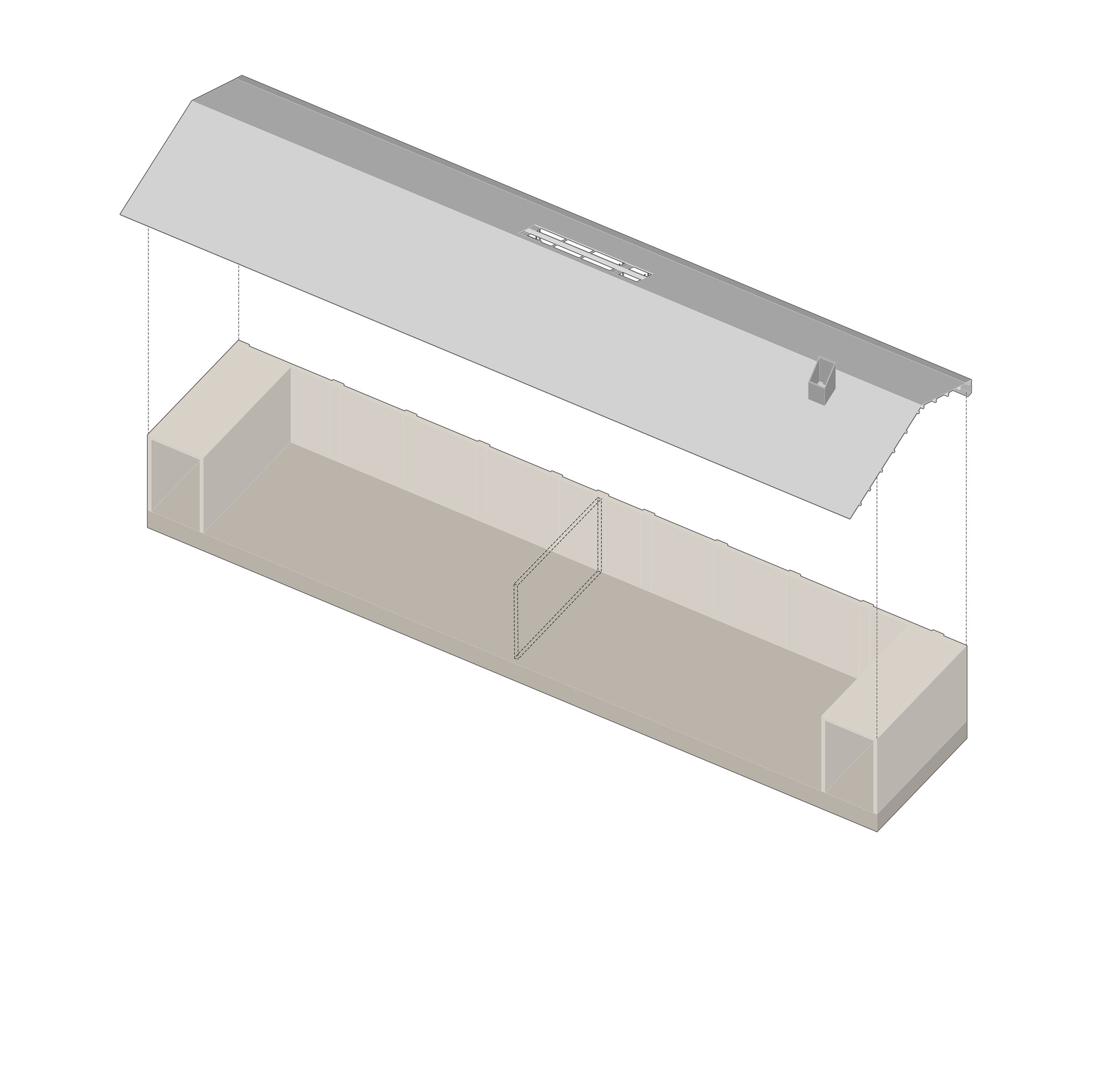 Exploded axonometric drawing showing roof plane hovering above elongated floor volume with vertical supports