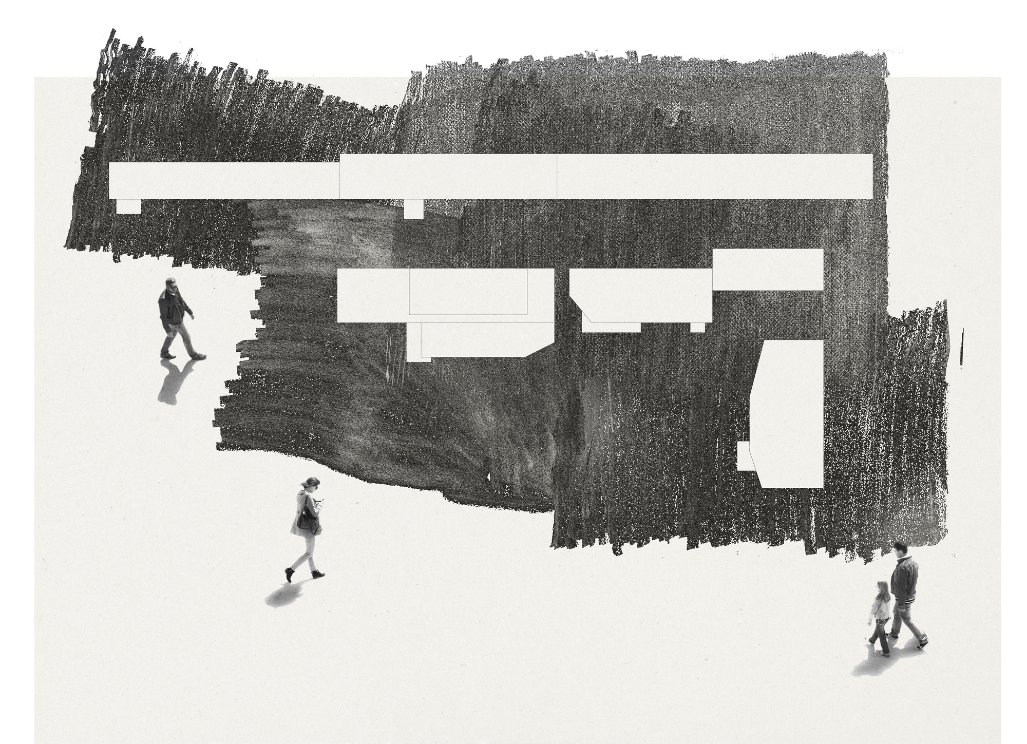 Roof plan drawing showing rectangular volumes with textured rendering and pedestrians casting shadows below