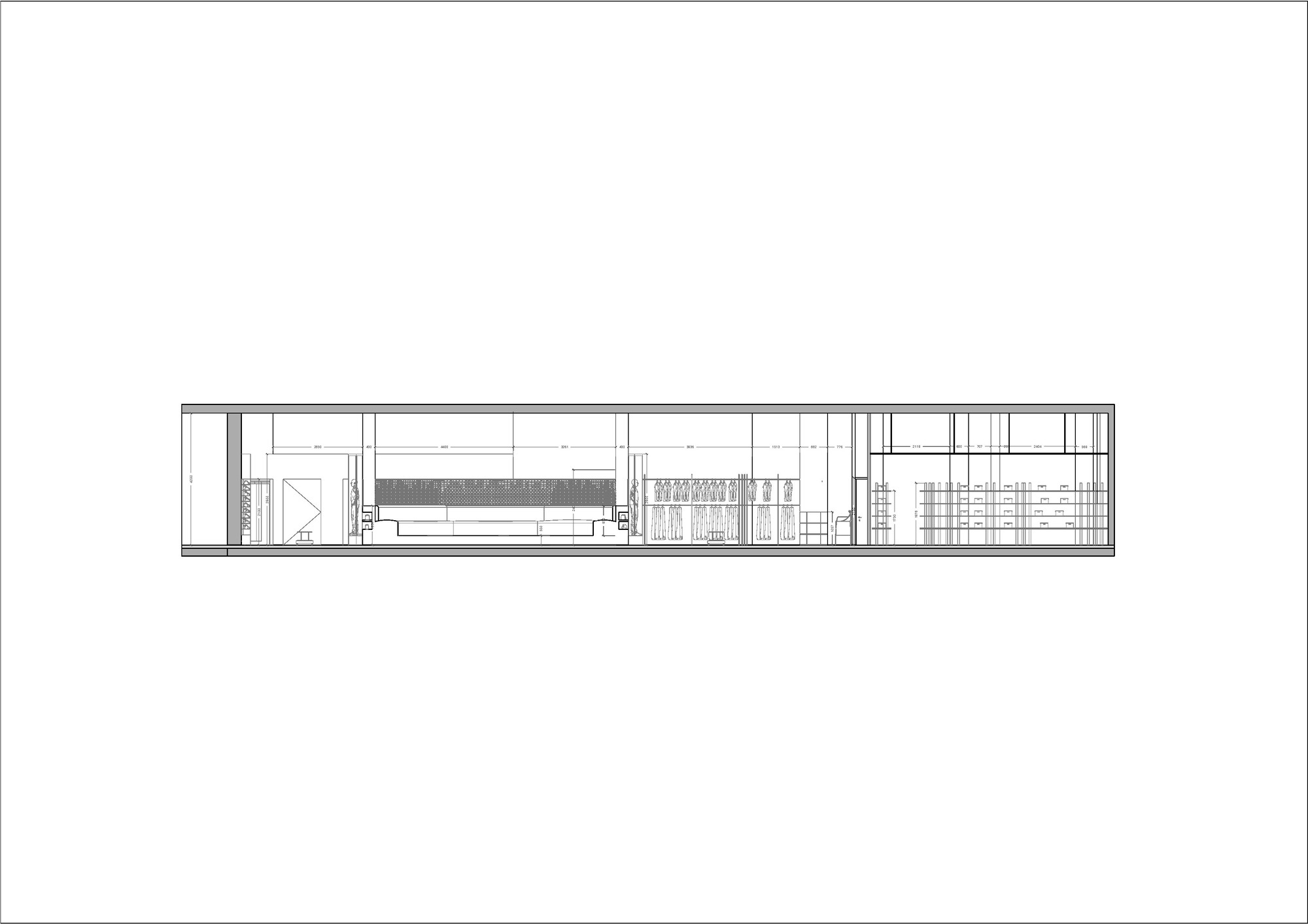 Longitudinal section drawing showing interior spatial divisions with storage areas and seating along the length