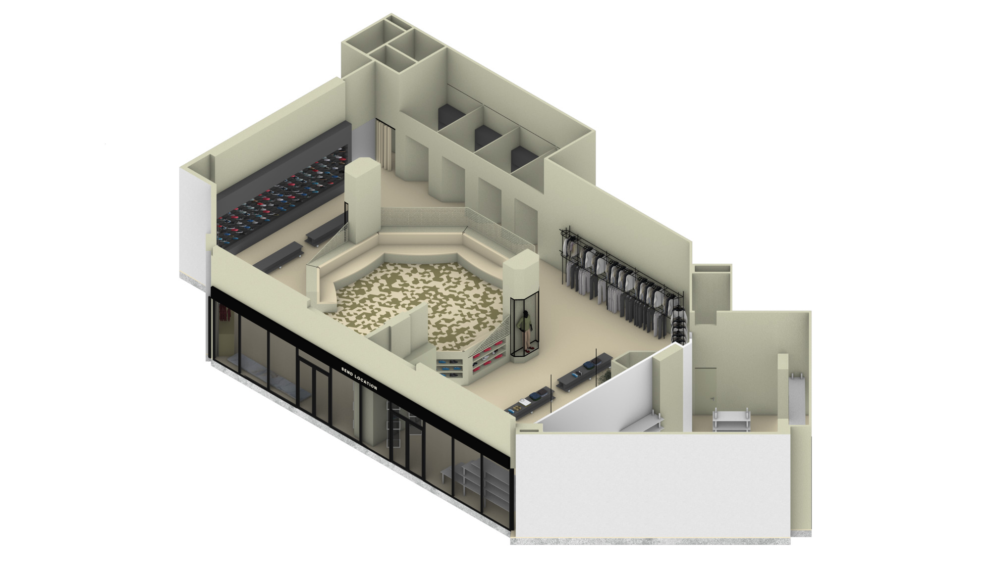 Axonometric view showing glass curtain wall and interior organization around the hexagonal central gathering space