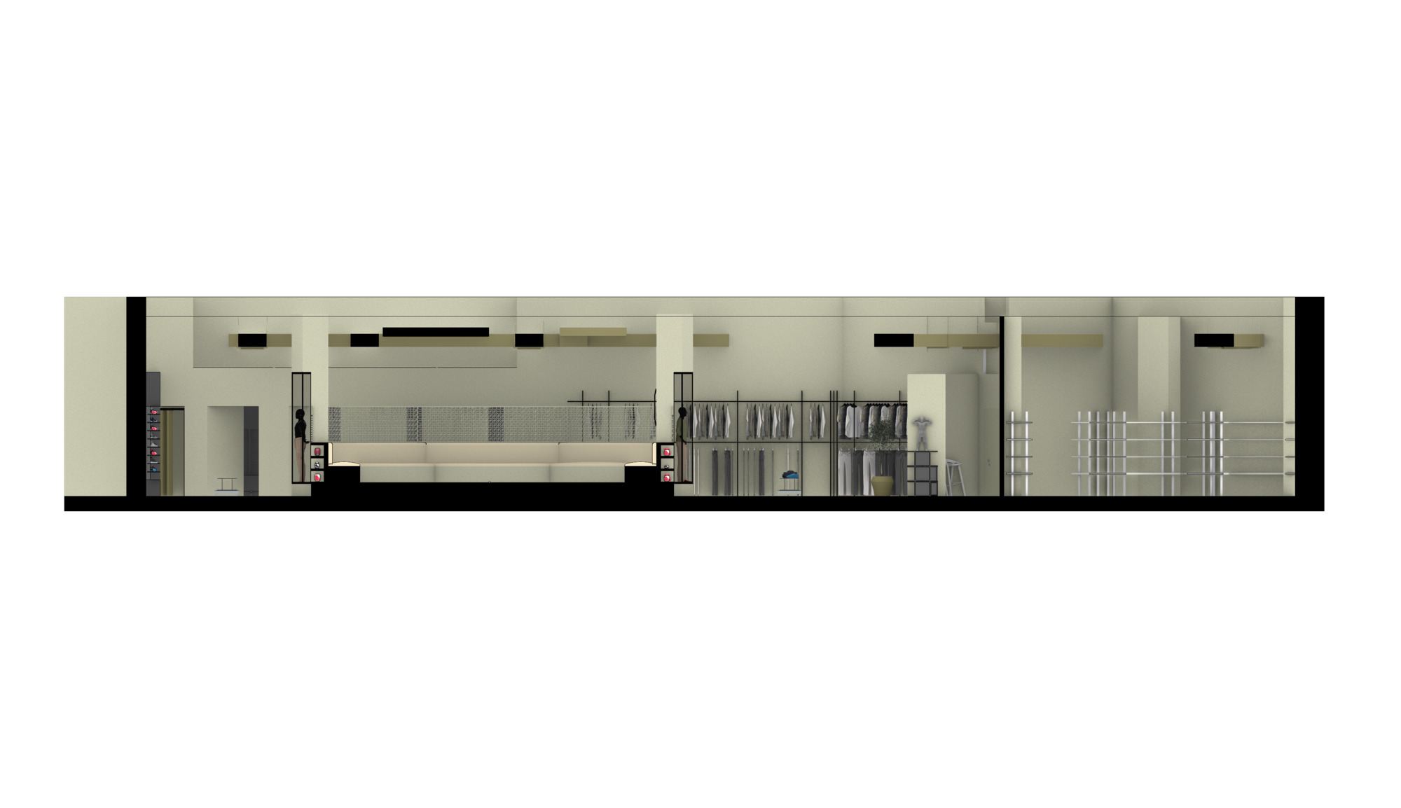 Longitudinal section rendering displaying interior volumes with suspended ceiling planes and equipment zones at rear