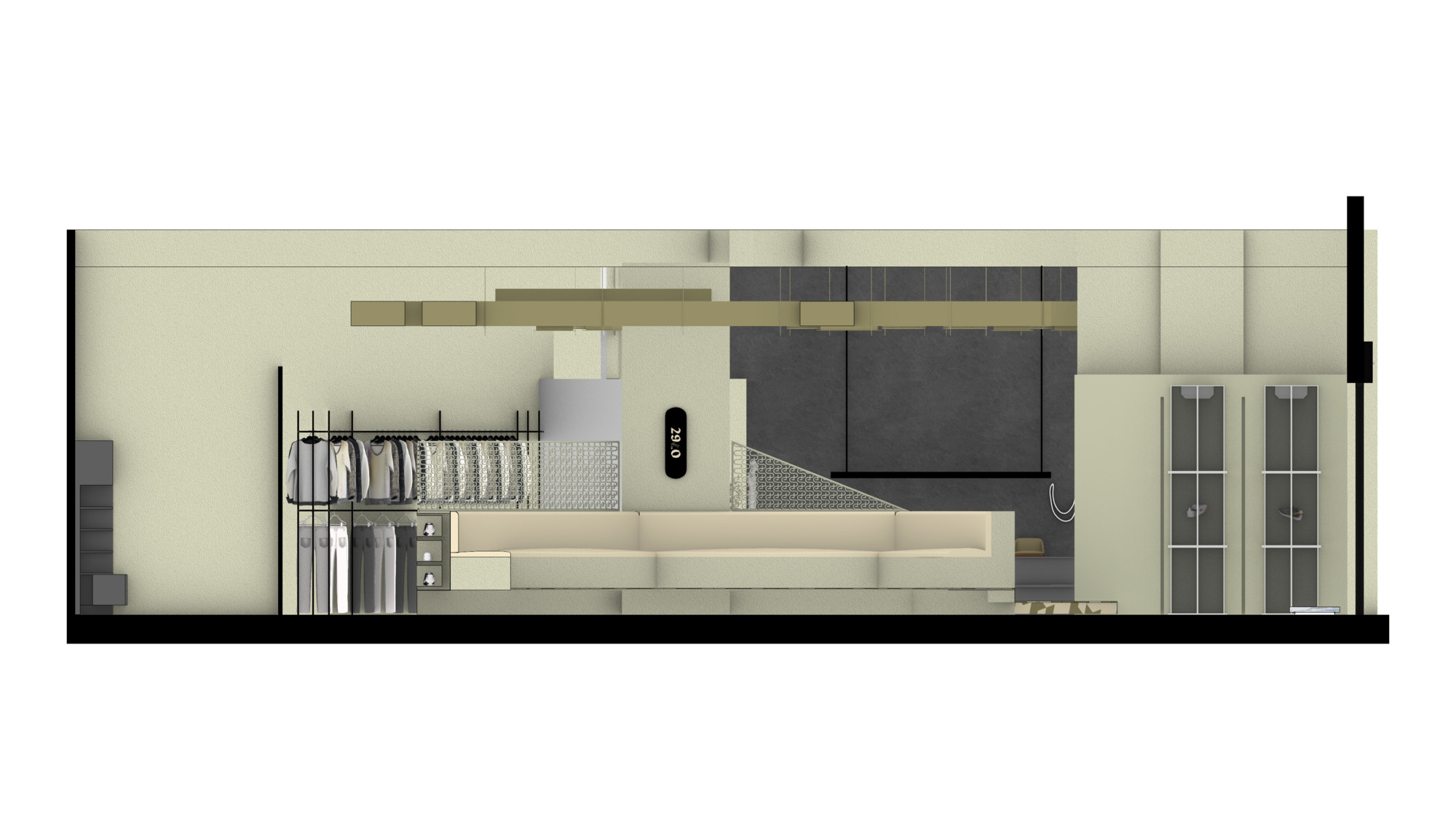 Section drawing showing interior spatial arrangement with wardrobe storage and built-in seating along one wall