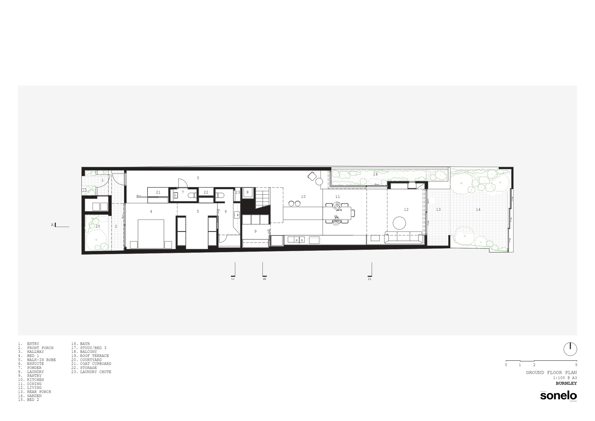 Ground floor plan drawing showing linear layout with living spaces and rear terrace