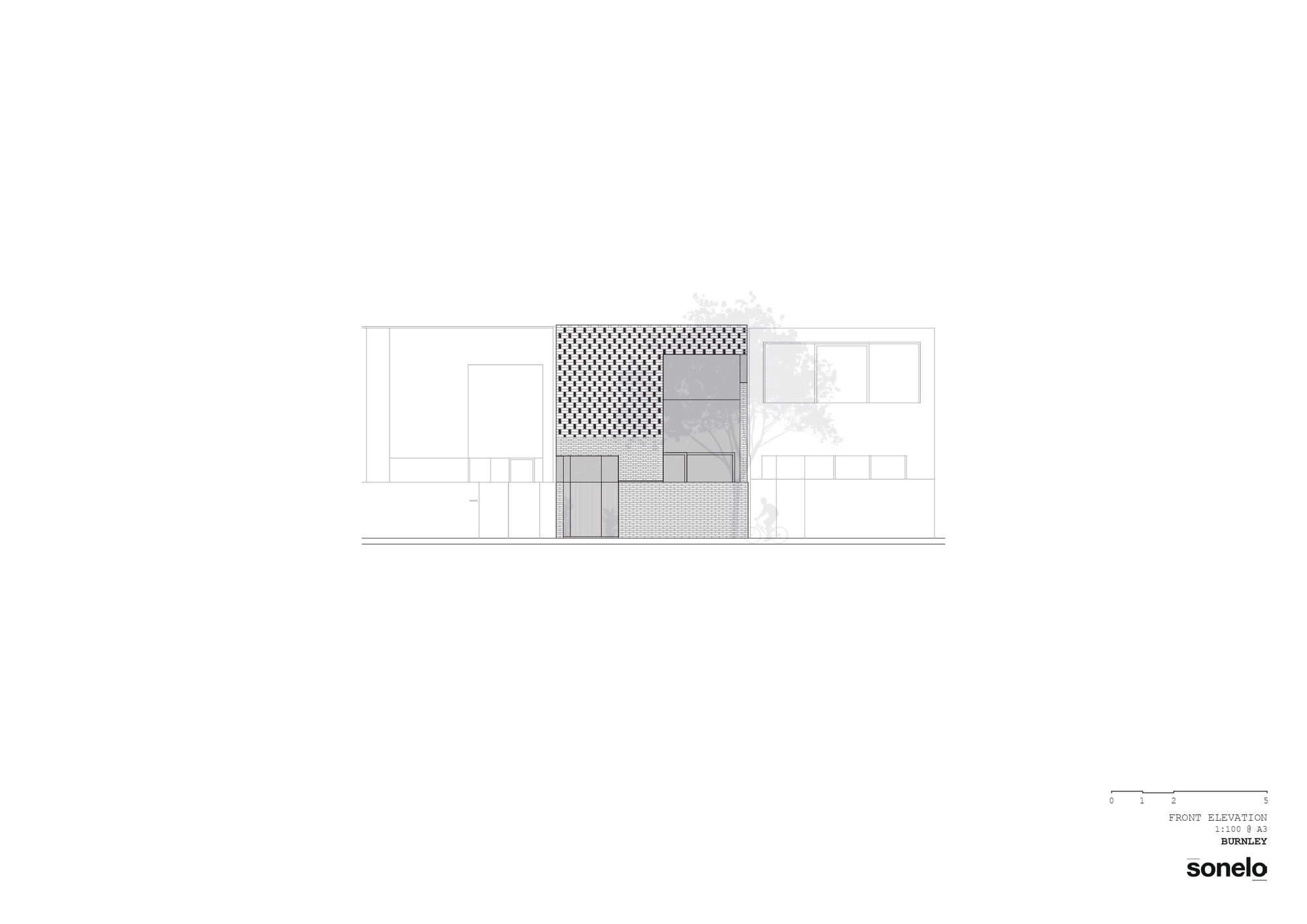 Front elevation drawing showing a multi-level facade with perforated screens and varied fenestration