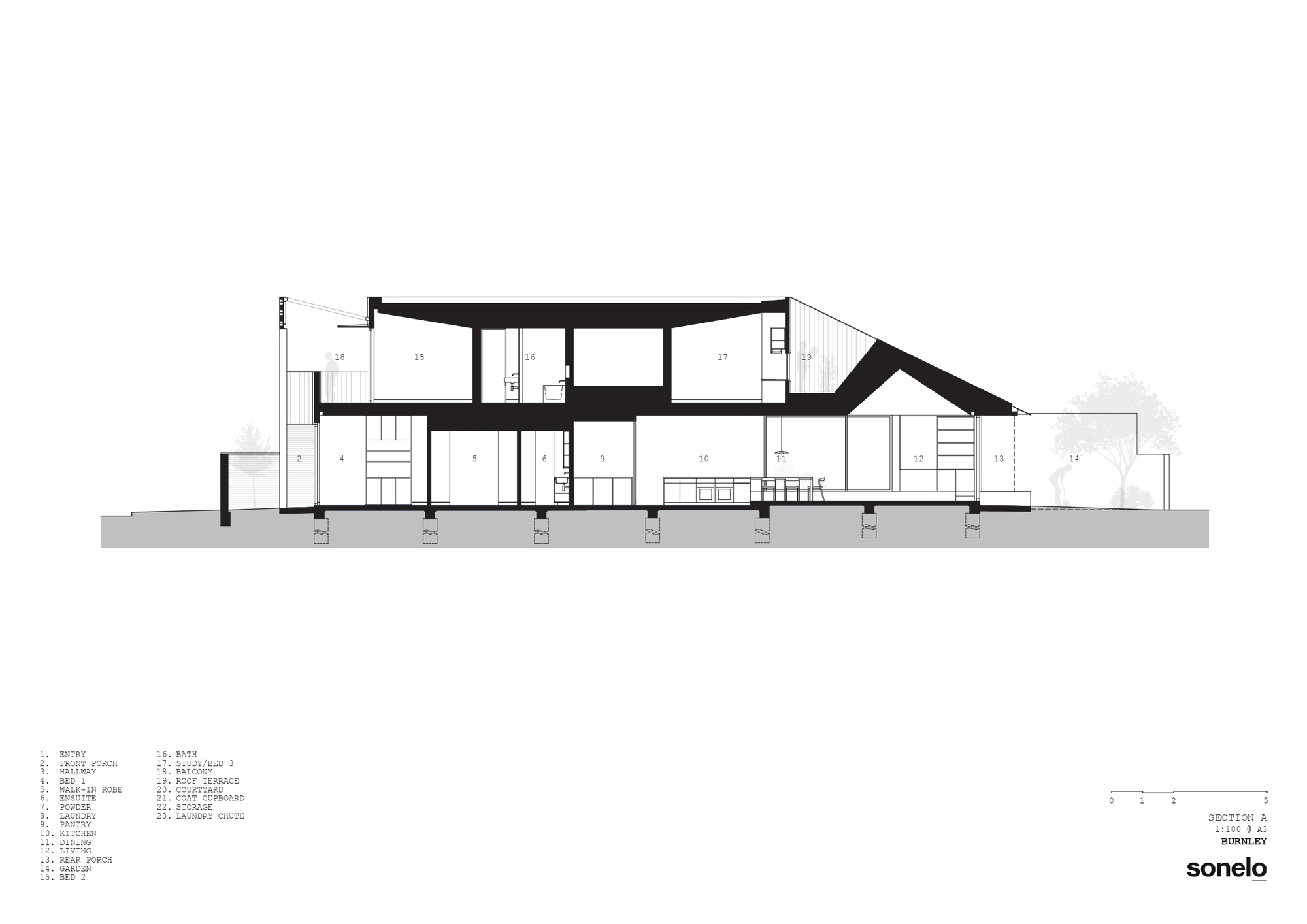 Longitudinal section drawing revealing interior spaces with an angled roof and double-height volumes